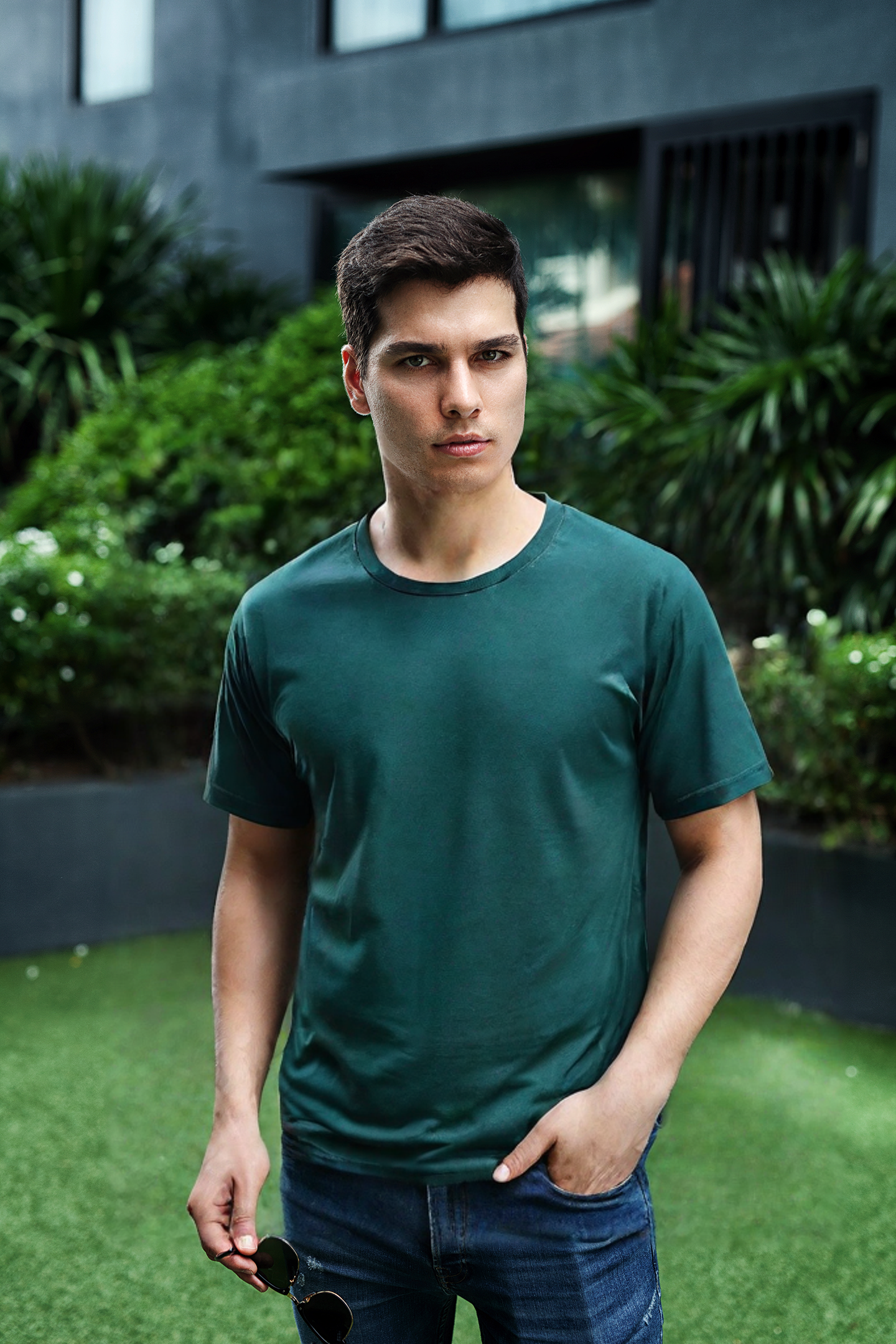 NAUTICON Crew Neck T-Shirt for Men – Bottle Green | Soft Cotton-Lycra Blend