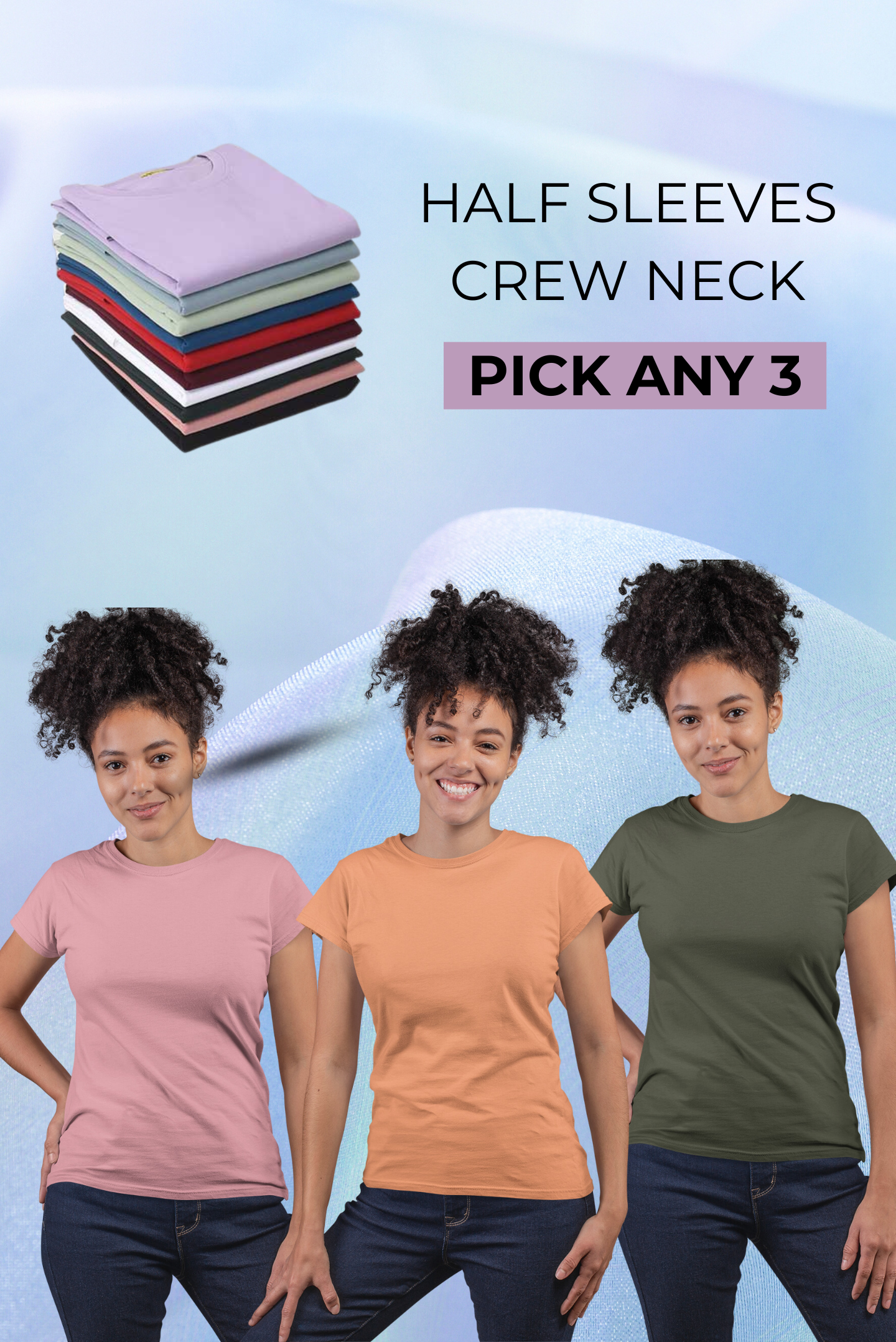 Women's Pack of 3  Half Sleeves Crew Neck T-shirt