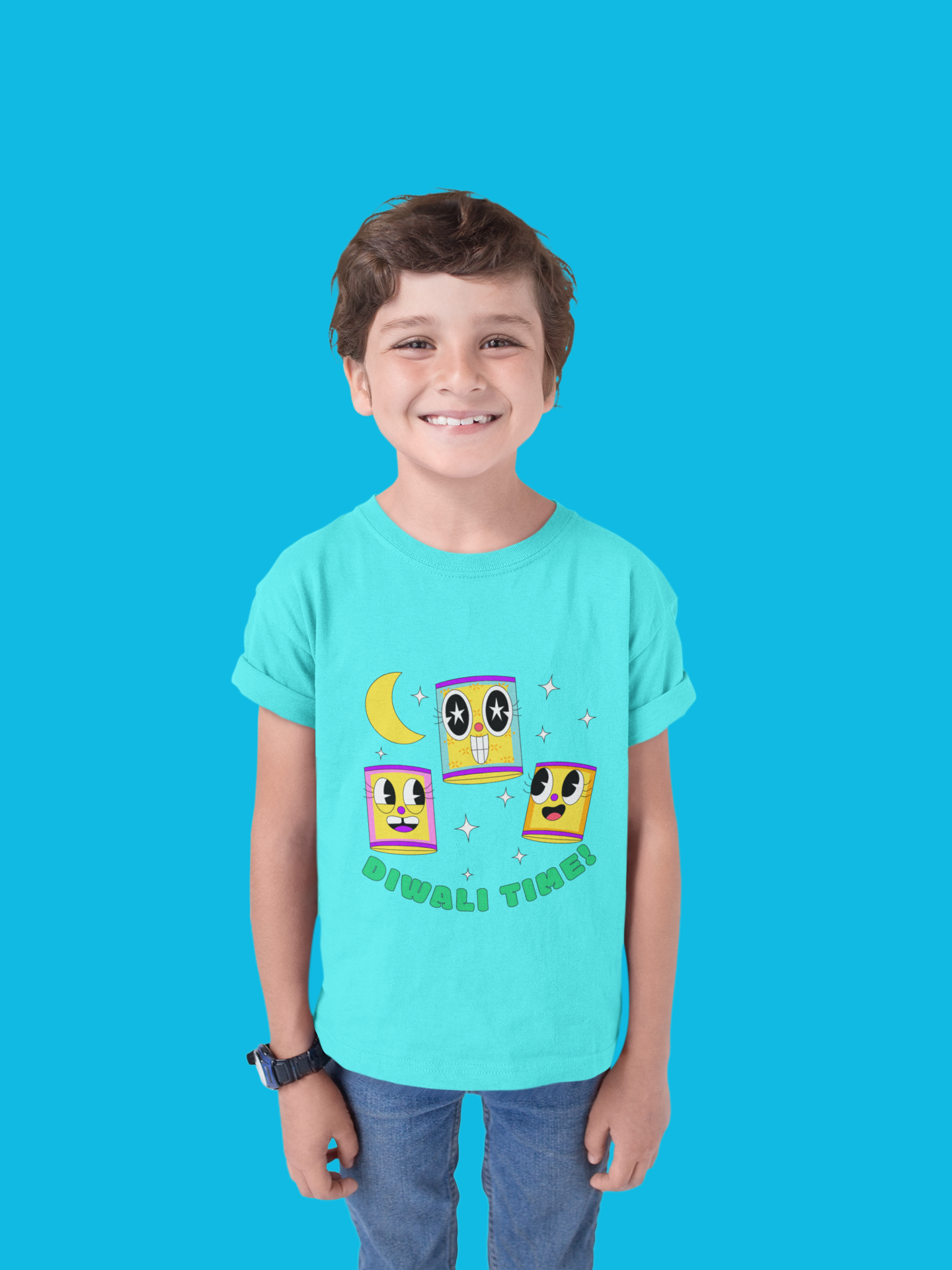 Boy's Blue Diamond Half Sleeves Crew Neck Diwali T-Shirt