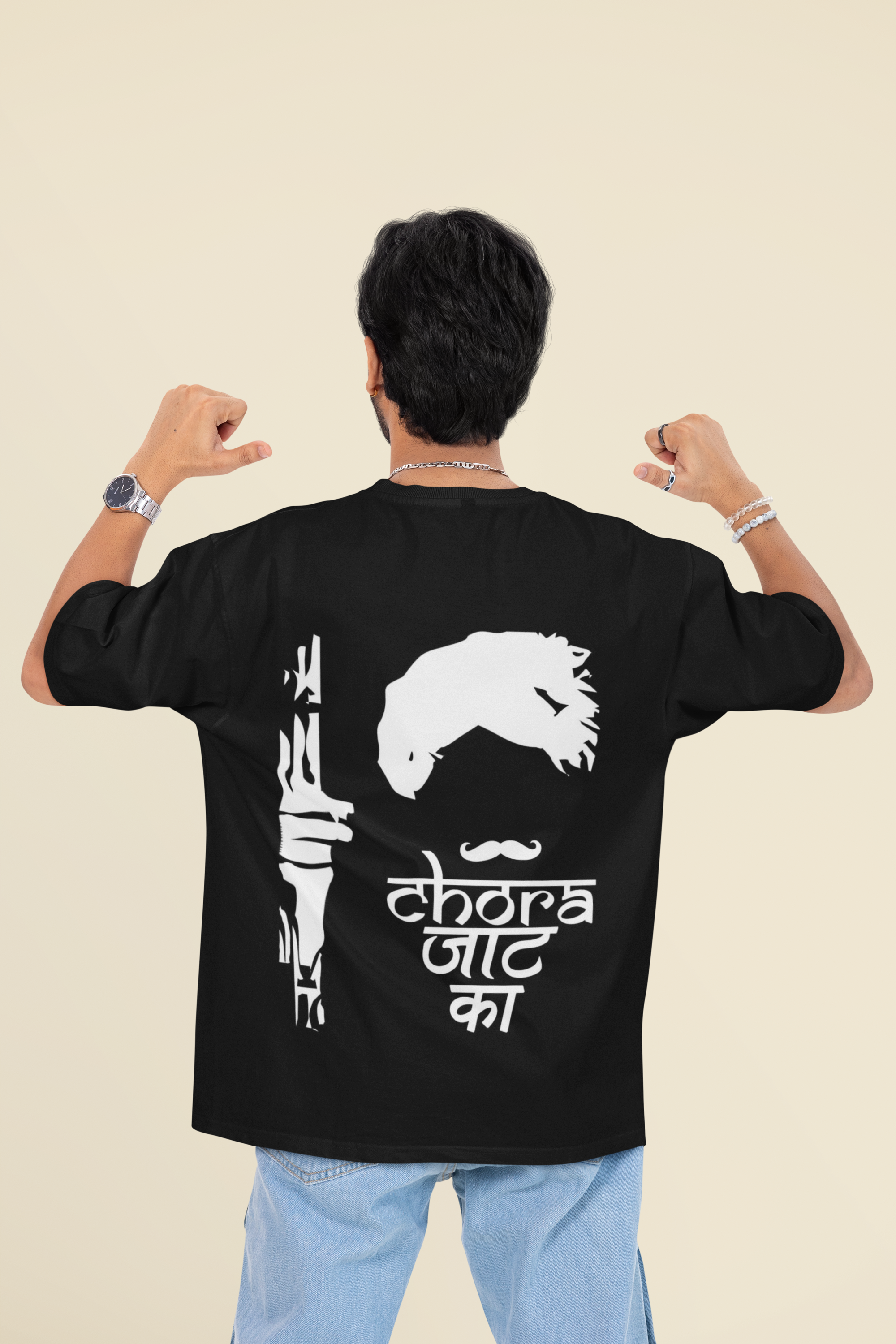 Custom T-Shirt for Men Color Black CHORA JAAT KA BACK Oversize