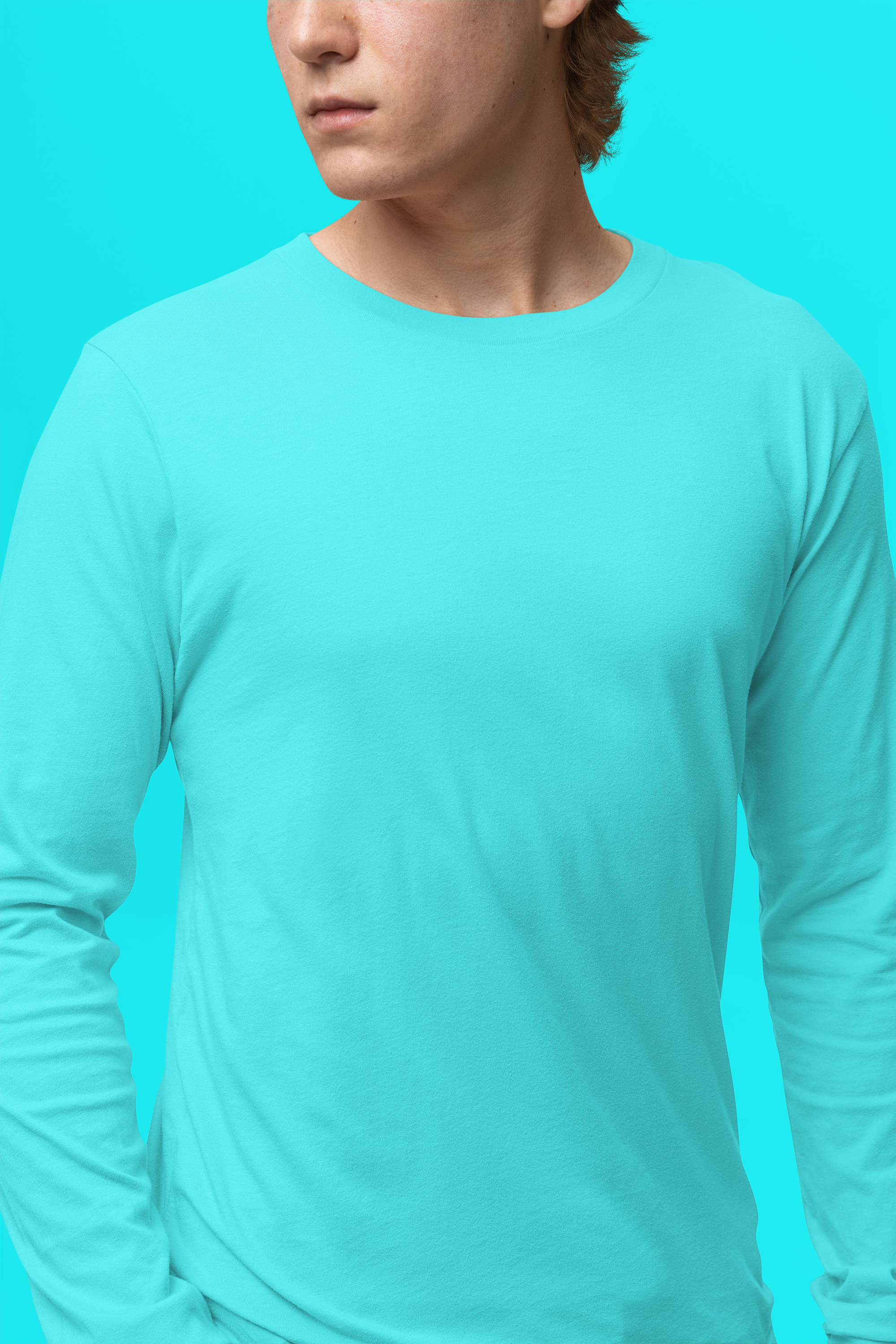 Men's Plain Fountain Blue Full Sleeves Crew Neck T-Shirt