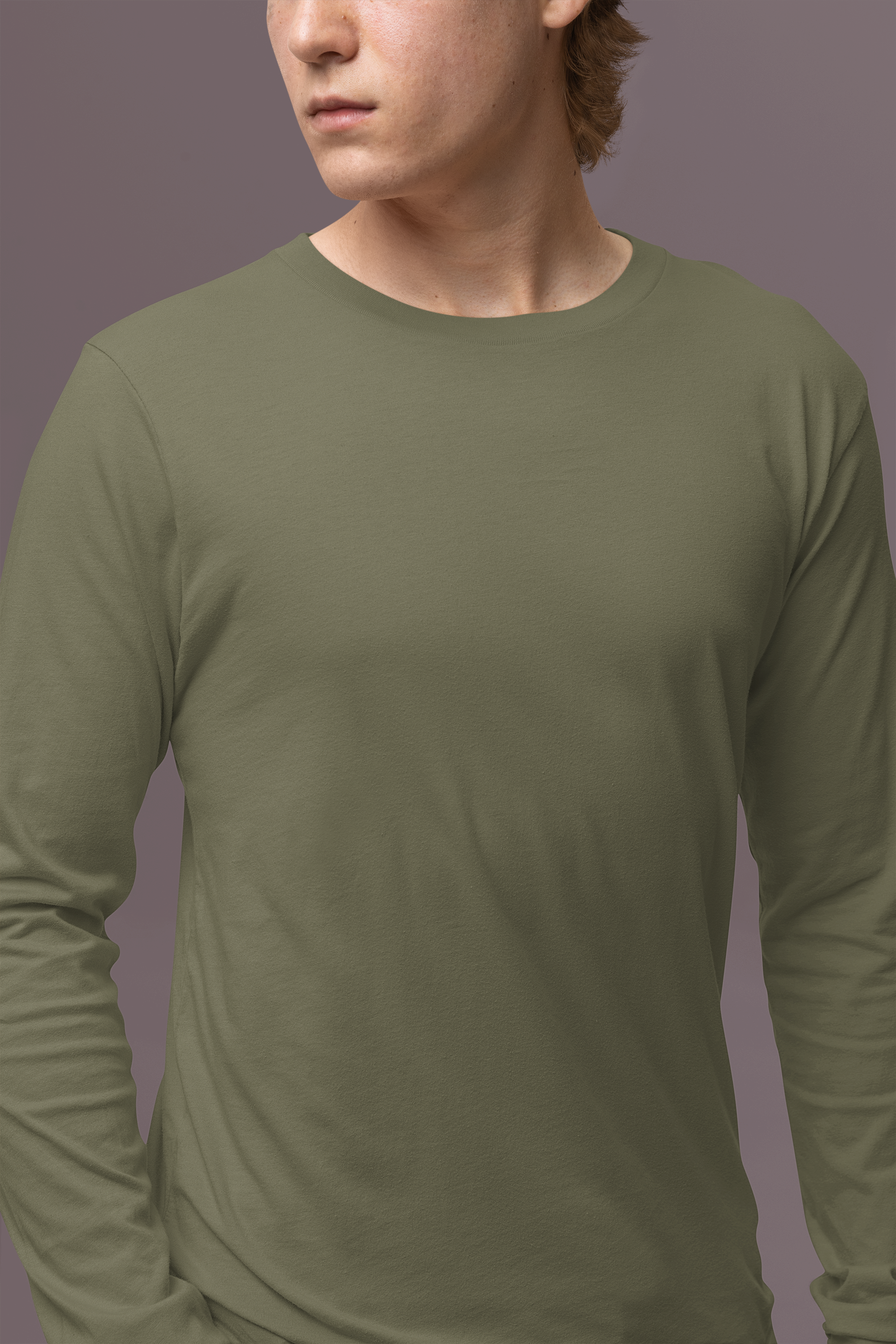 Men's Plain Sage Grey Full Sleeves Crew Neck T-Shirt