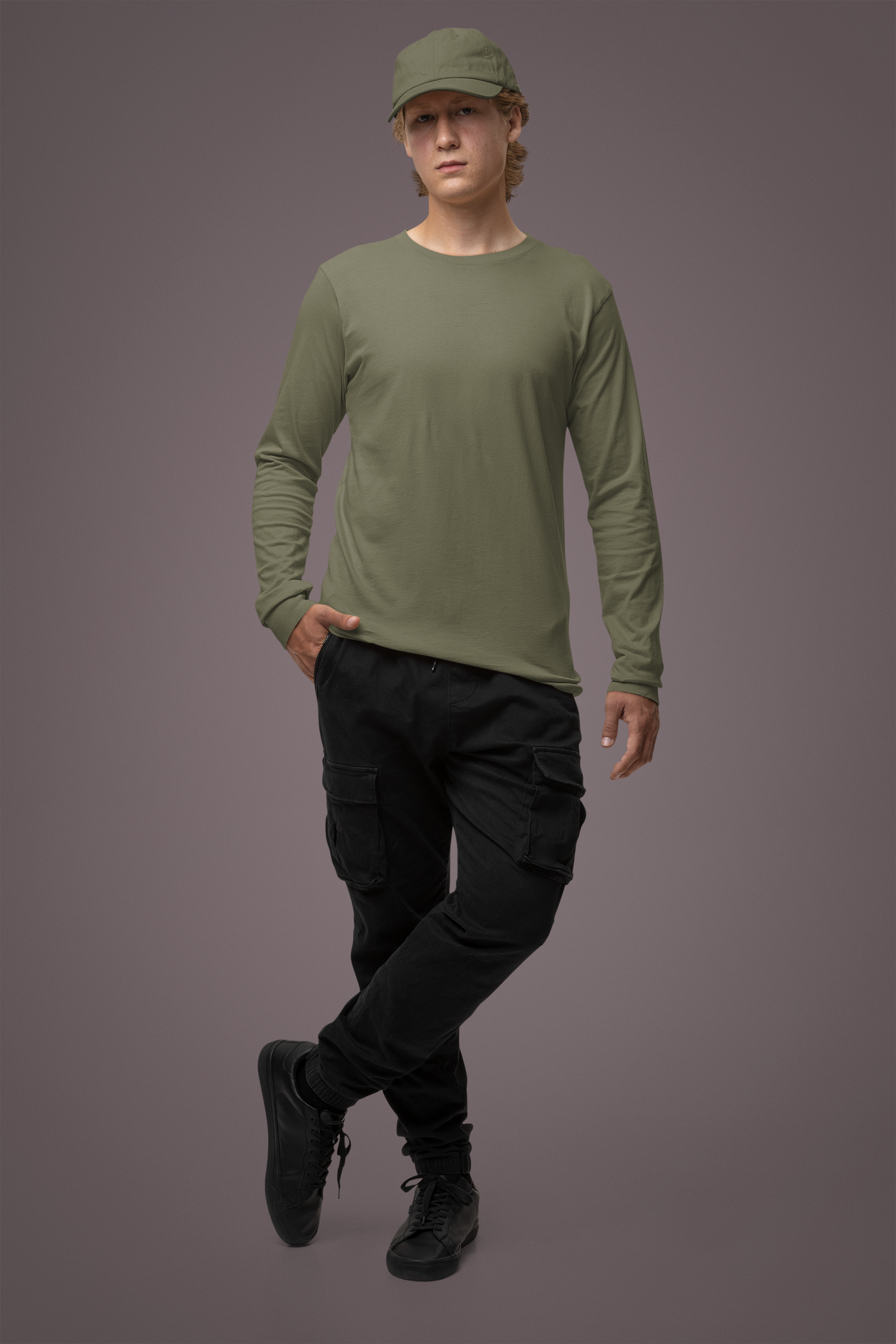 Men's Plain Sage Grey Full Sleeves Crew Neck T-Shirt