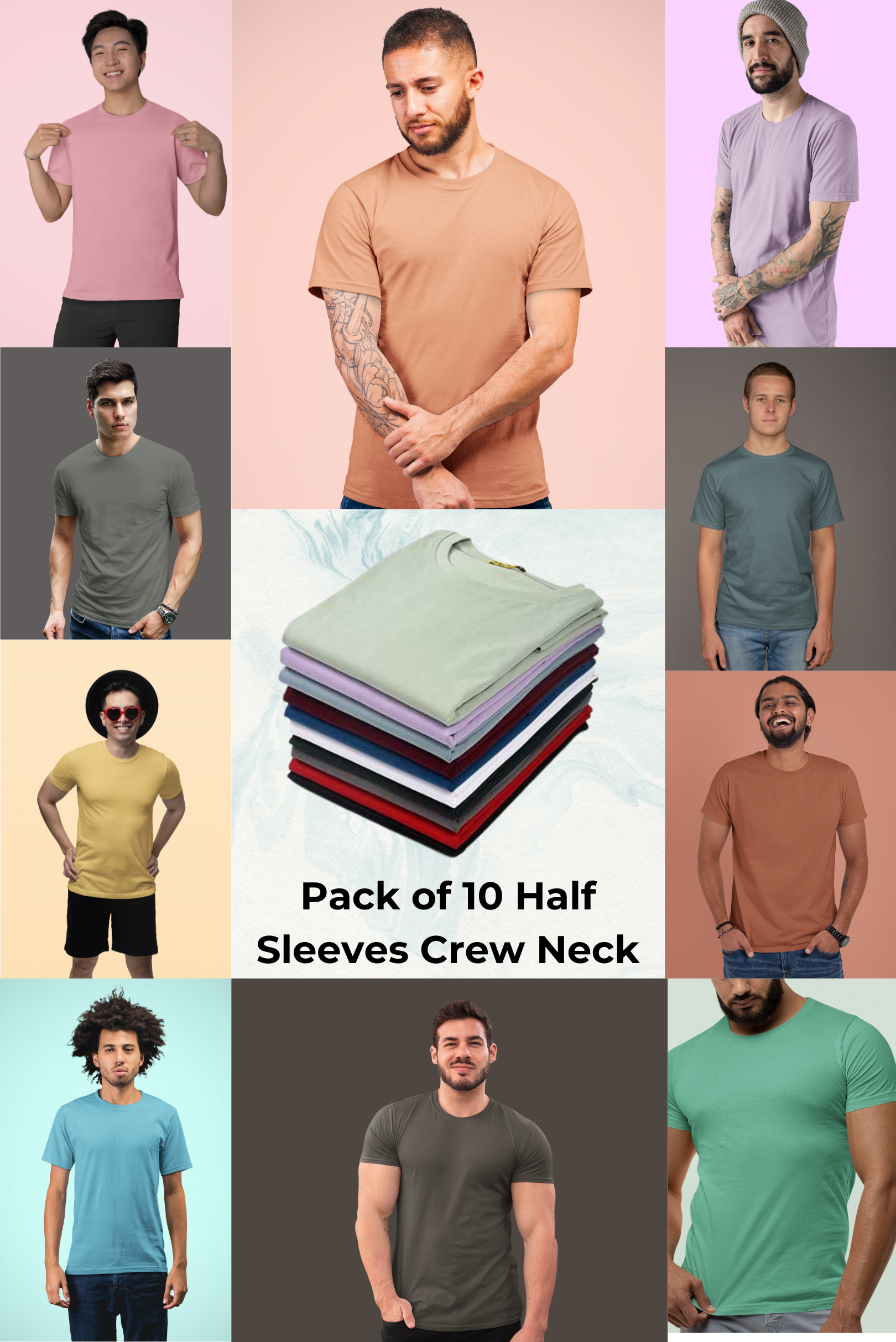 Pack of 10 Half Sleeves Crew Neck T-shirt