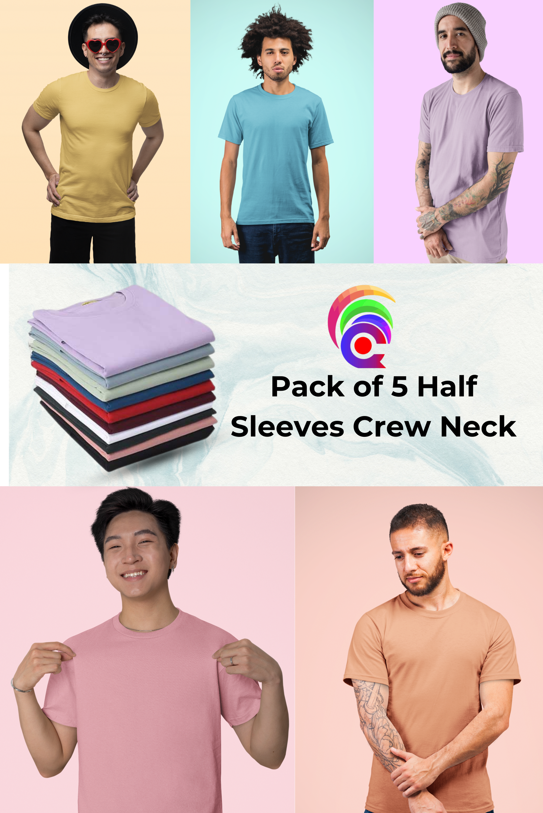 Pack of 5 Half Sleeves Crew Neck T-shirt