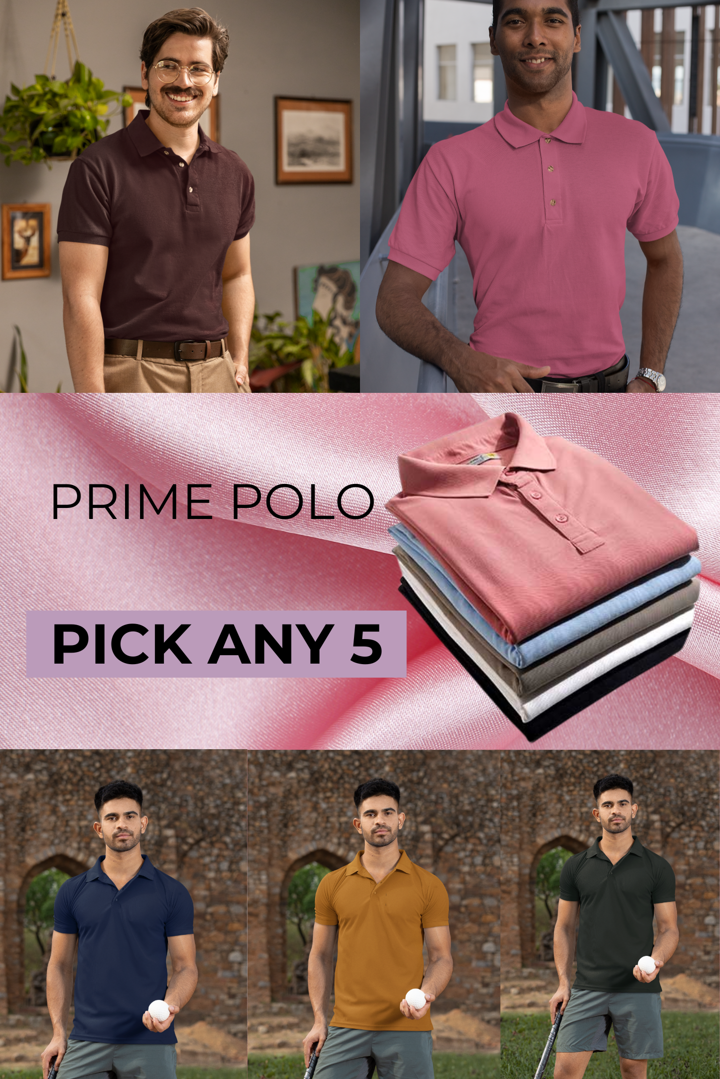 Pack of 5 Prime Polo T-shirt Men's