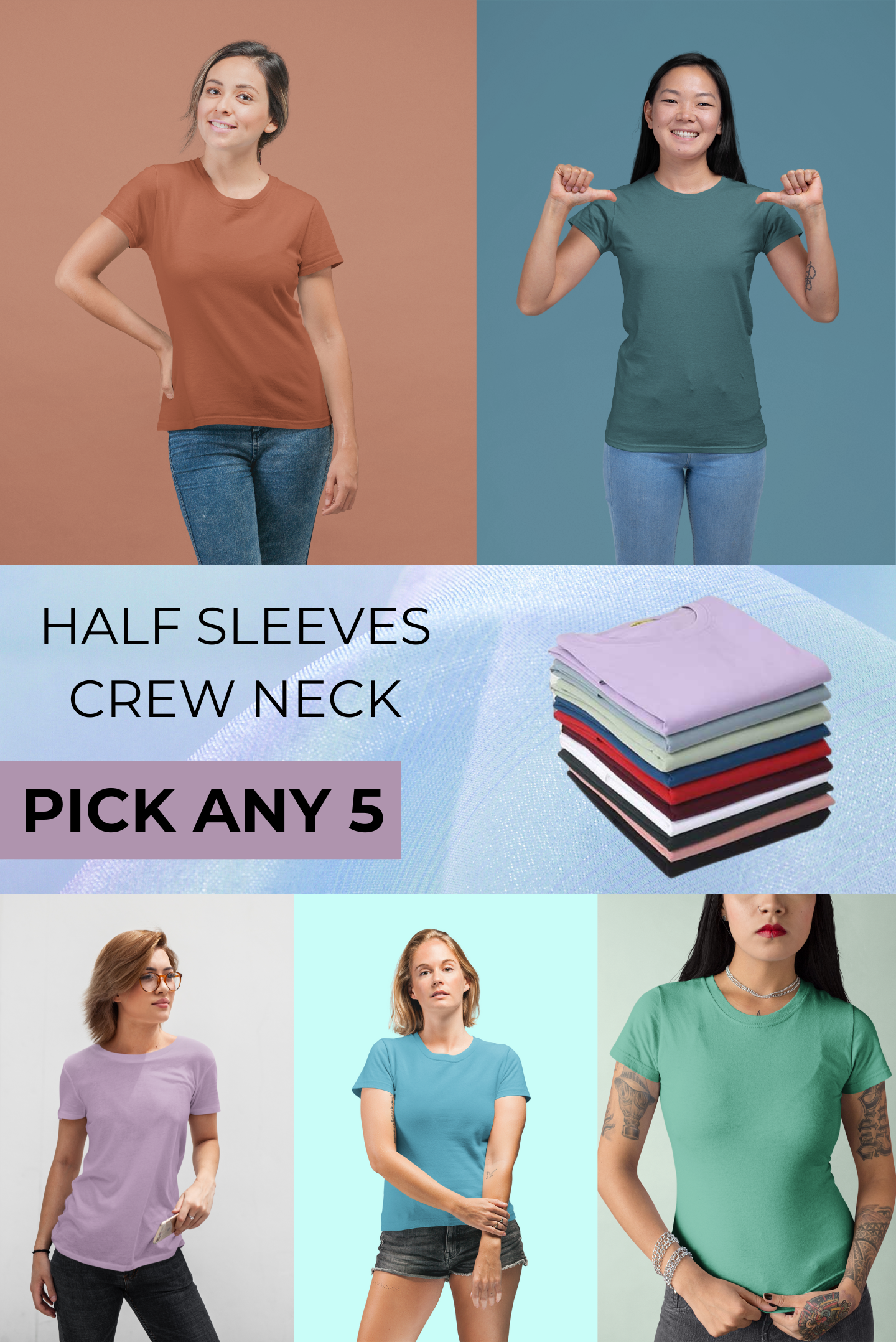 Women's Pack of 5  Half Sleeves Crew Neck T-shirt