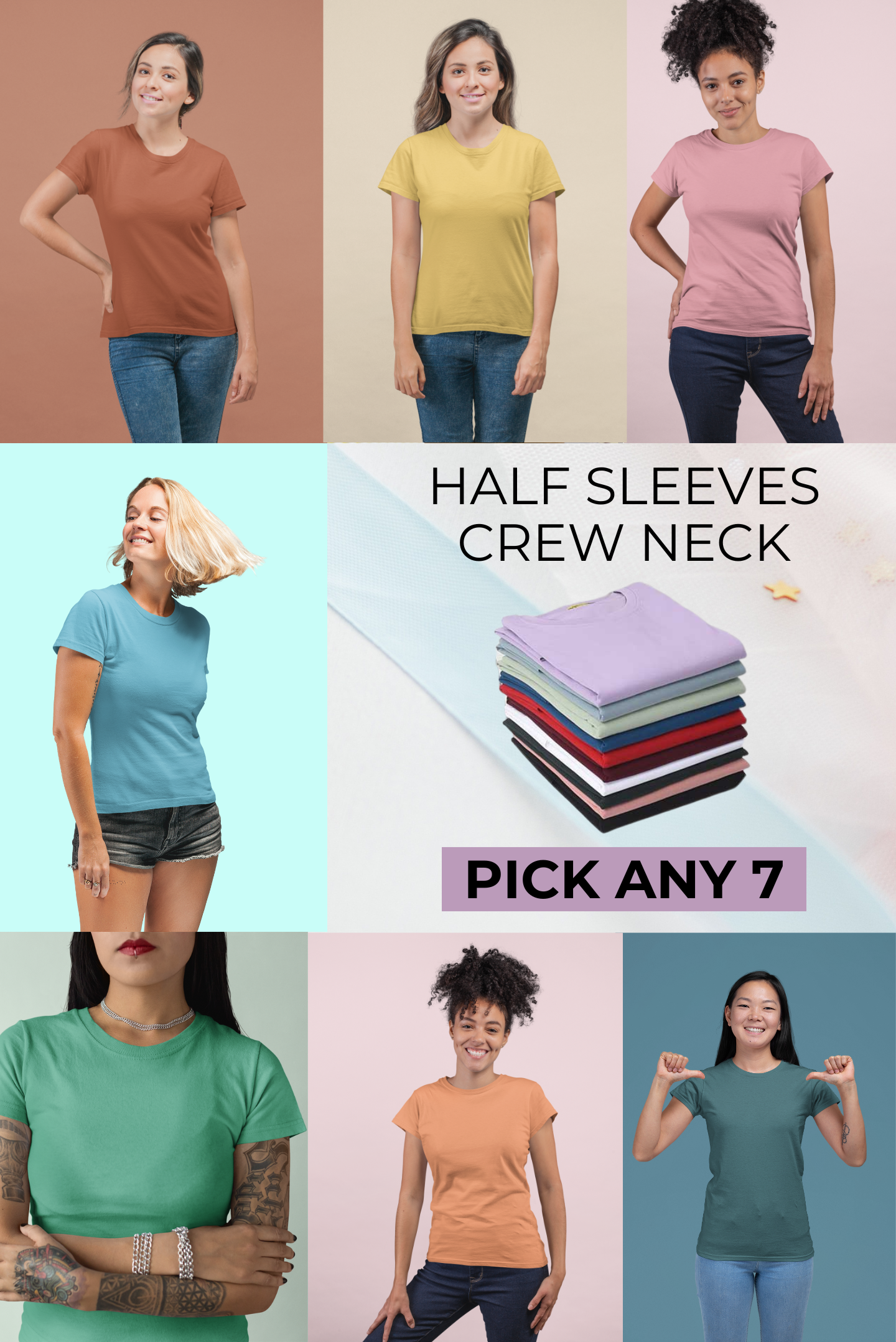 Women's Pack of 7 Half Sleeves Crew Neck T-shirt