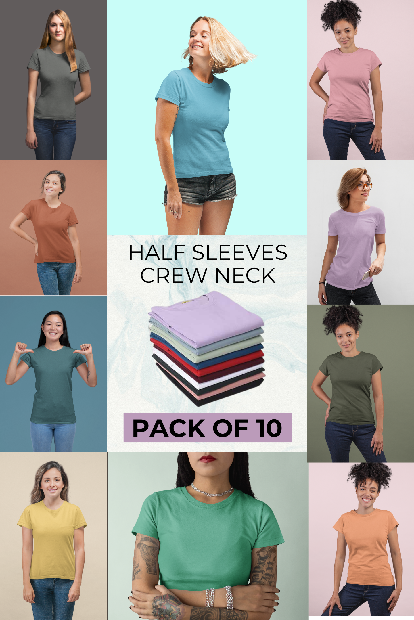 Women's Pack of 10 Half Sleeves Crew Neck T-shirt