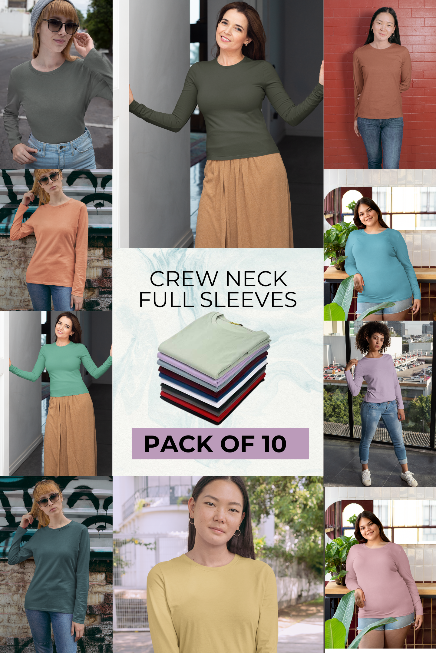 Women's Pack of 10 Full Sleeves Crew Neck T-Shirt