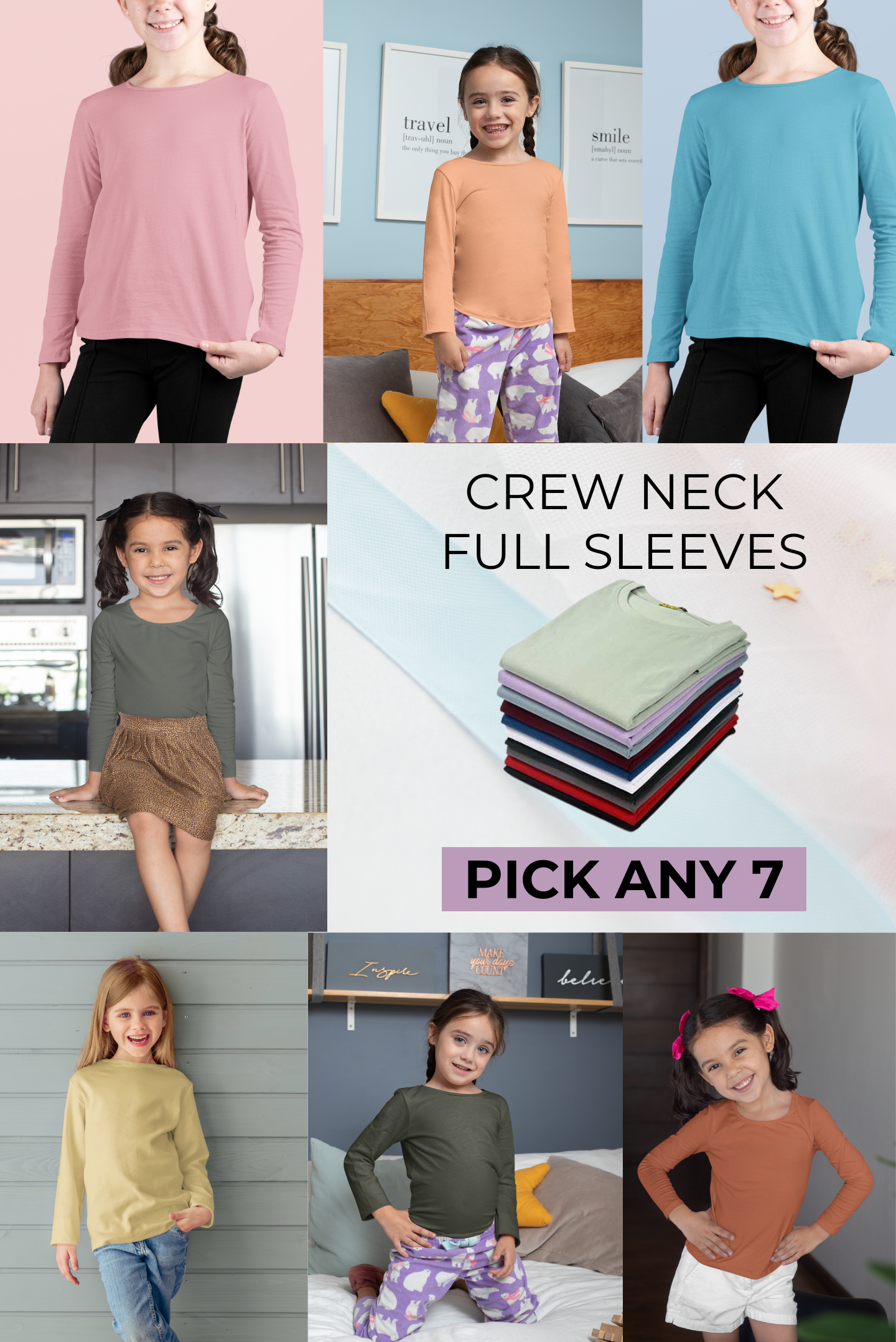 Girl's Pack of 7 Full Sleeves Crew Neck T-shirt