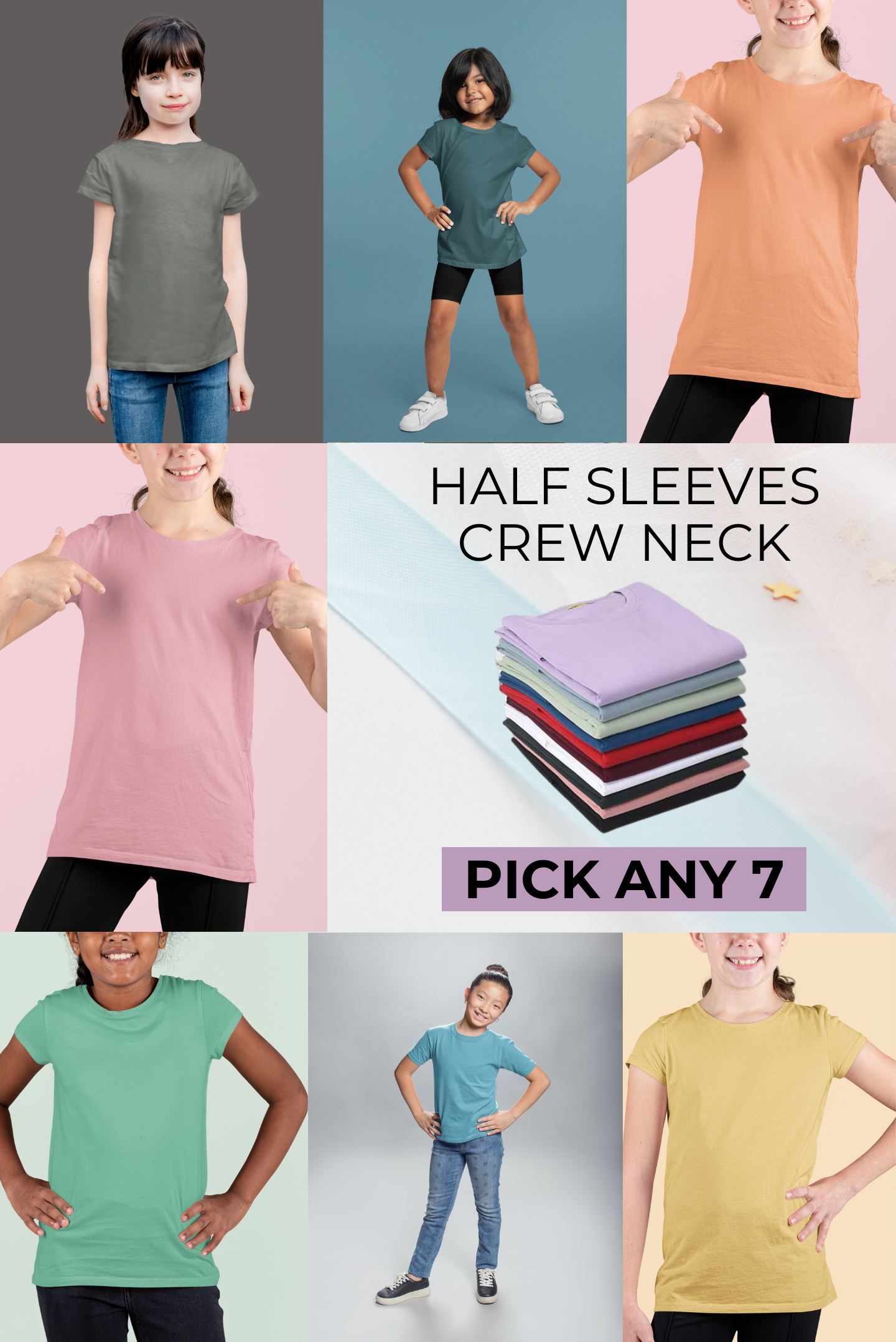 Girl's Pack of 7 Crew Neck Tshirt