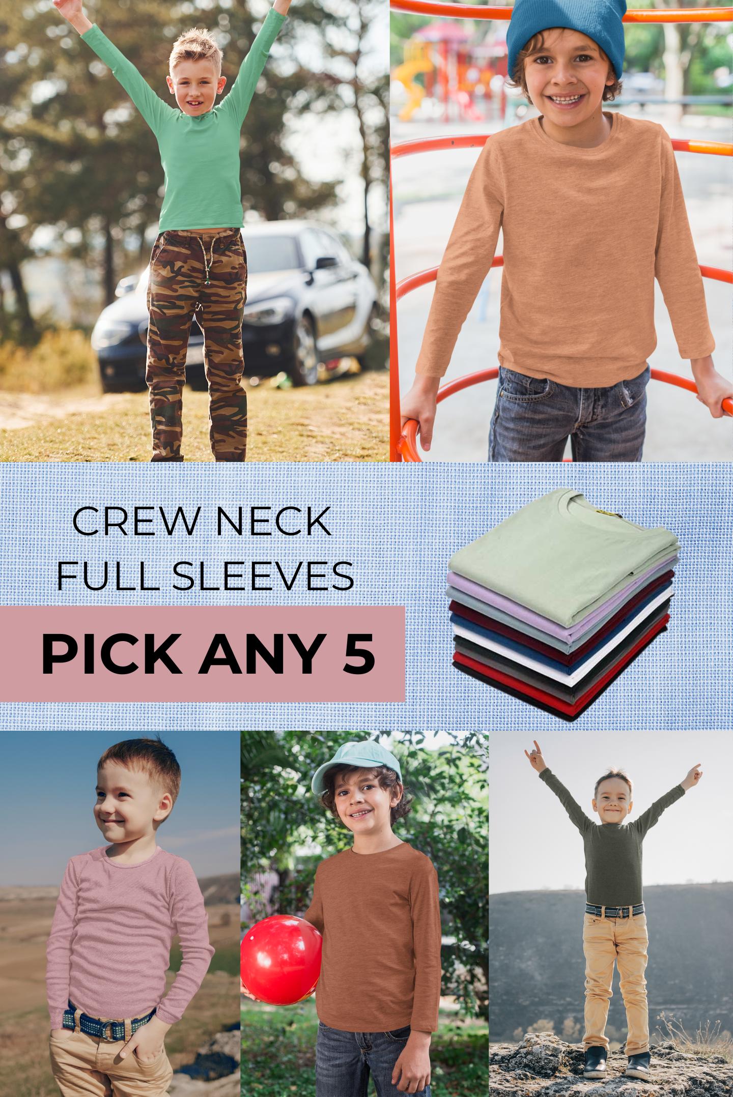 Boy's Pack of 7 Full Sleeves Crew Neck T-shirt