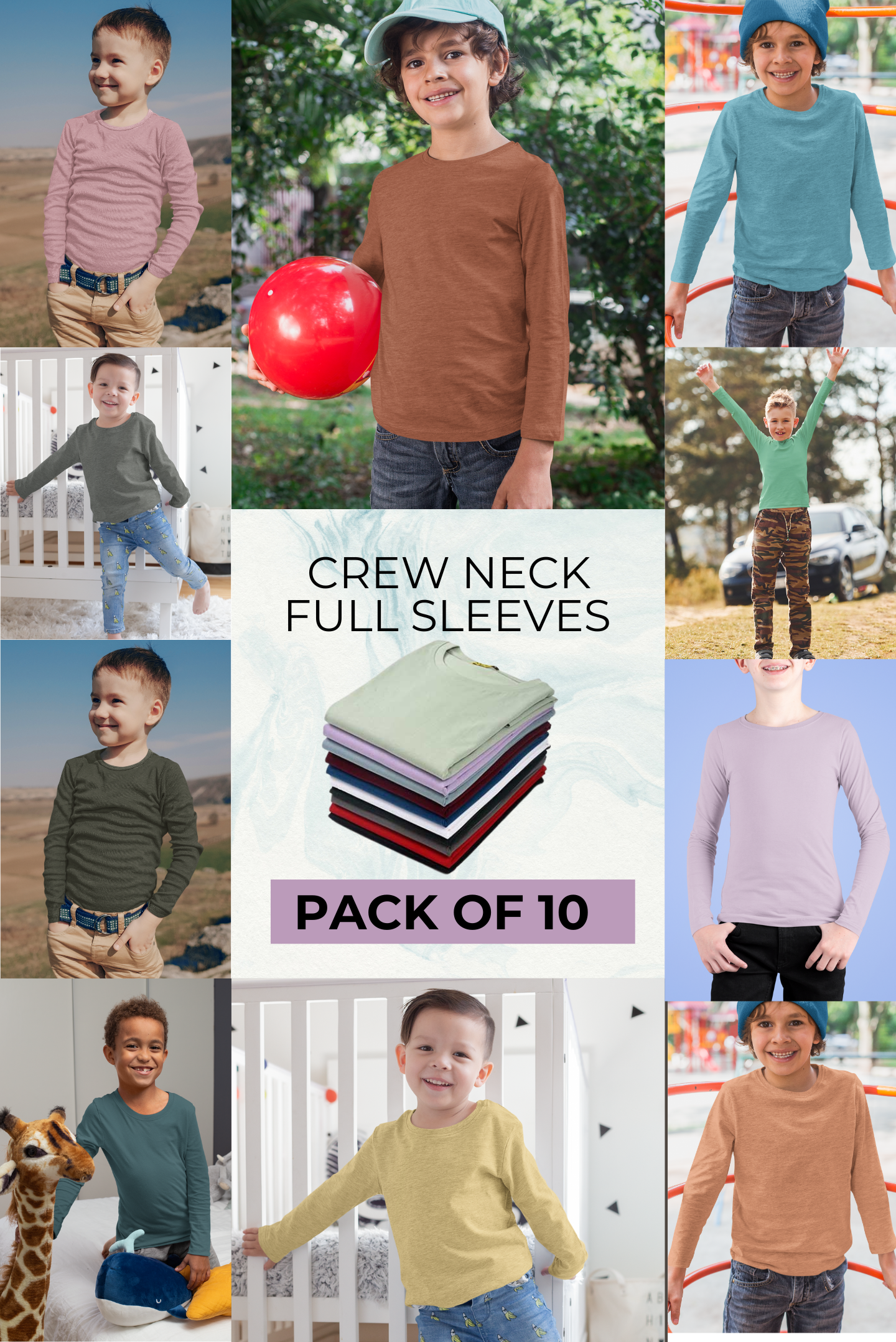 Boy's Pack of 10 Full Sleeves Crew Neck T-shirt