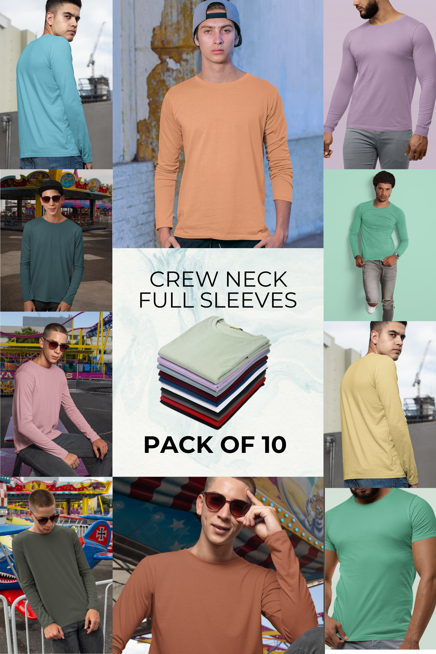 Men's Pack of 10 Full Sleeves Crew Neck T-Shirt