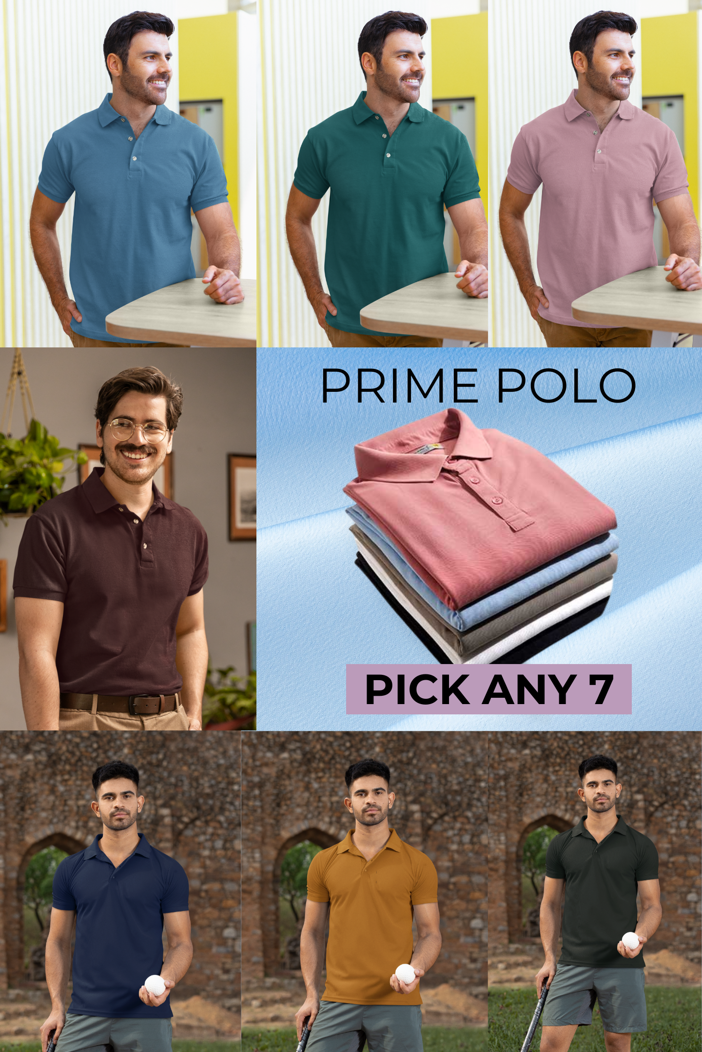 Pack of 7 Prime Polo T-shirt Men's