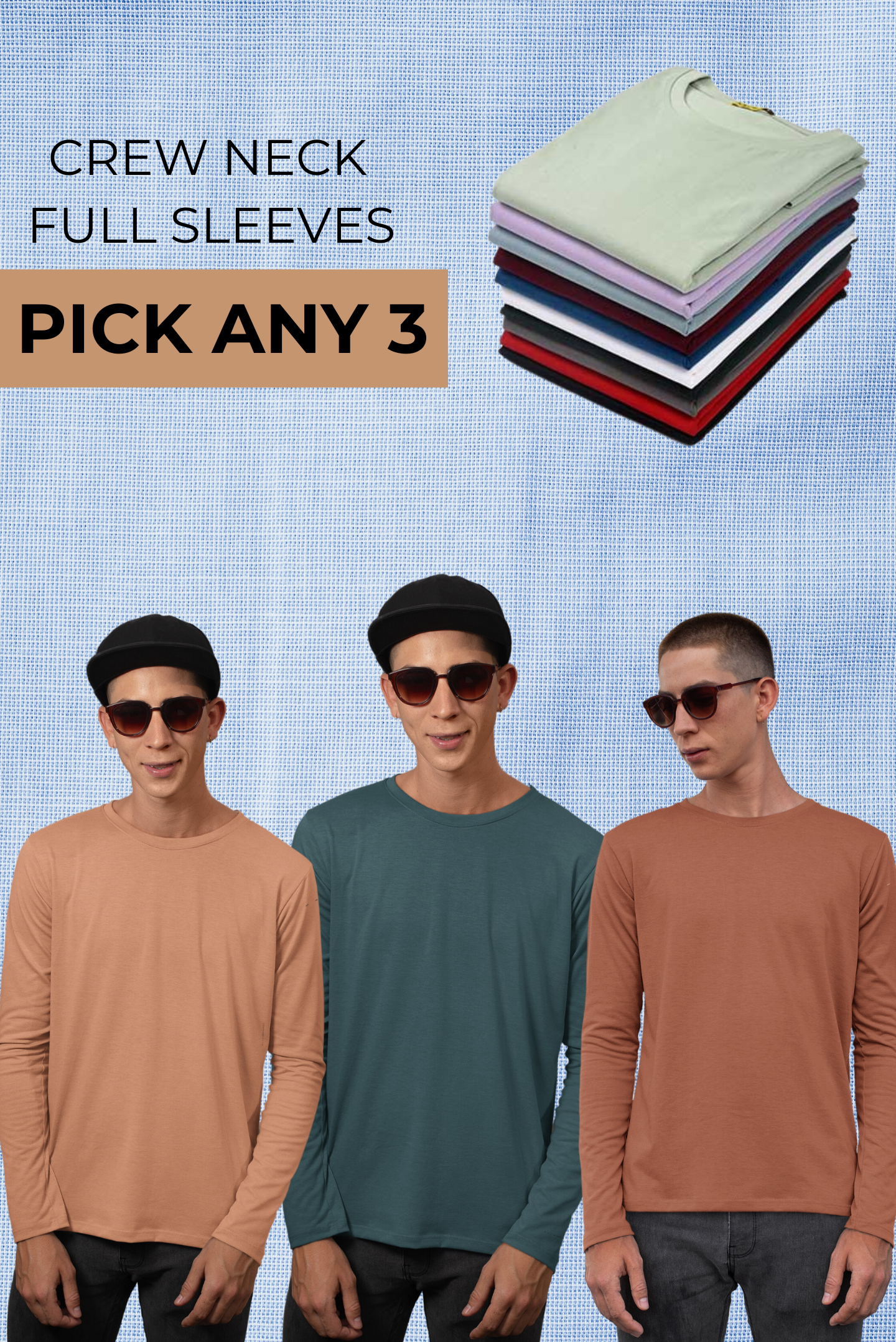 Men's Pack of 3 Full Sleeves Crew Neck T-Shirt