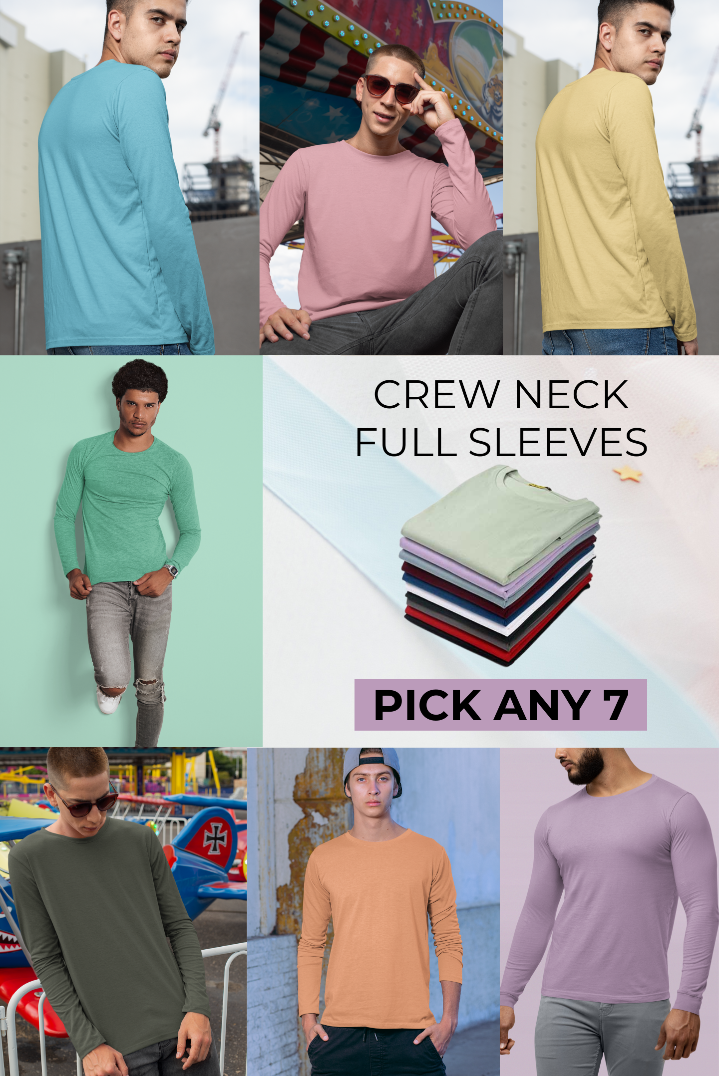 Men's Pack of 7 Full Sleeves Crew Neck T-Shirt