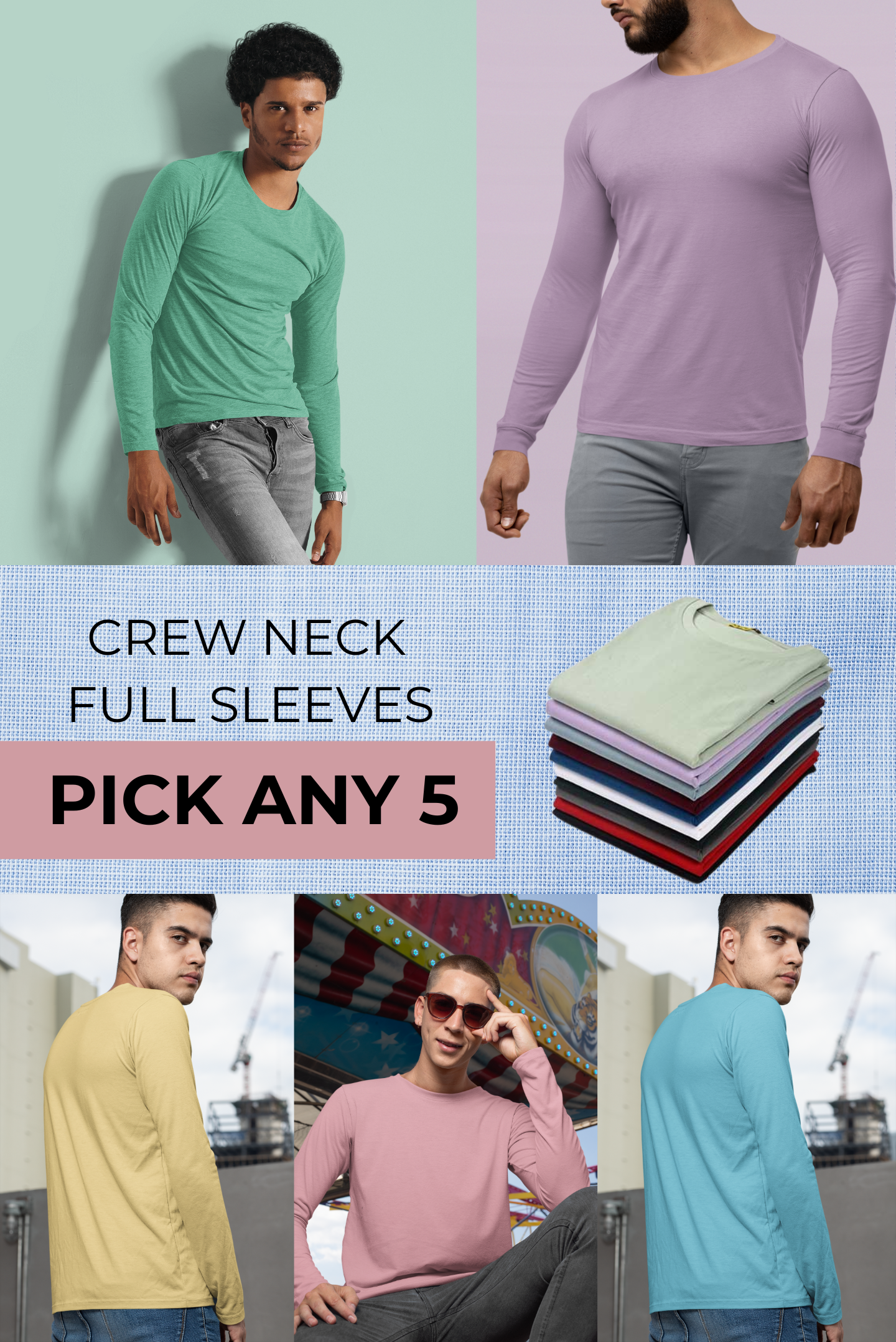 Men's Pack of 5 Full Sleeves Crew Neck T-Shirt