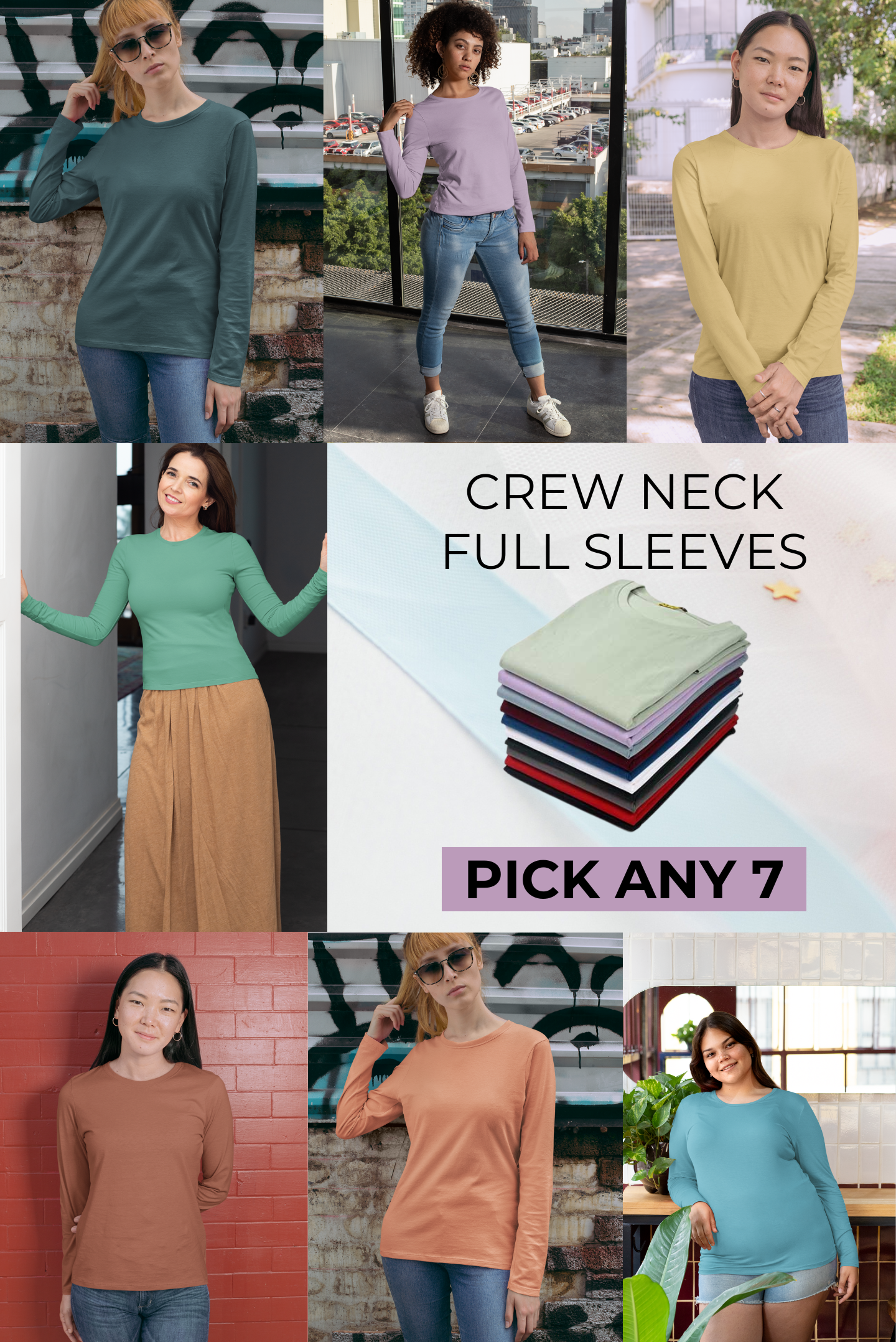 Women's Pack of 7 Full Sleeves Crew Neck T-Shirt