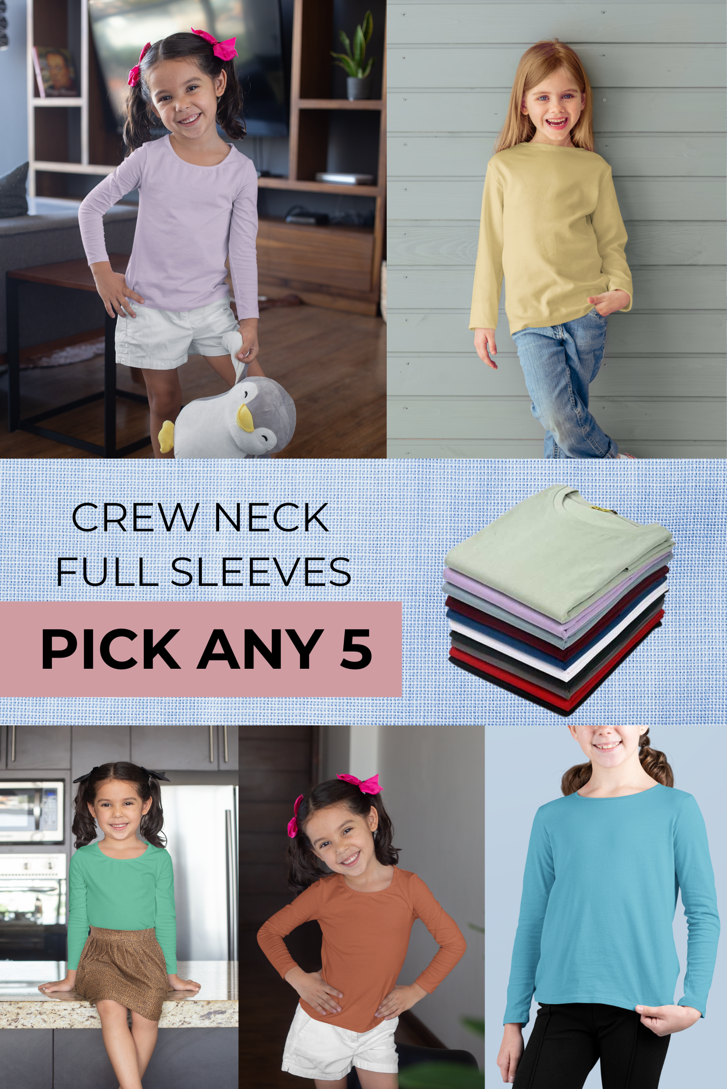 Girl's Pack of 5 Full Sleeves Crew Neck T-shirt