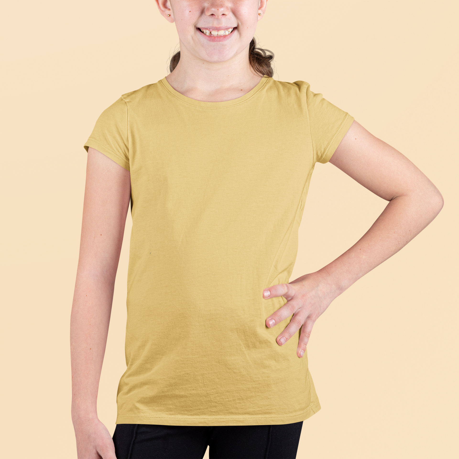 Girls's Plain Light Gold Crew Neck T-Shirt