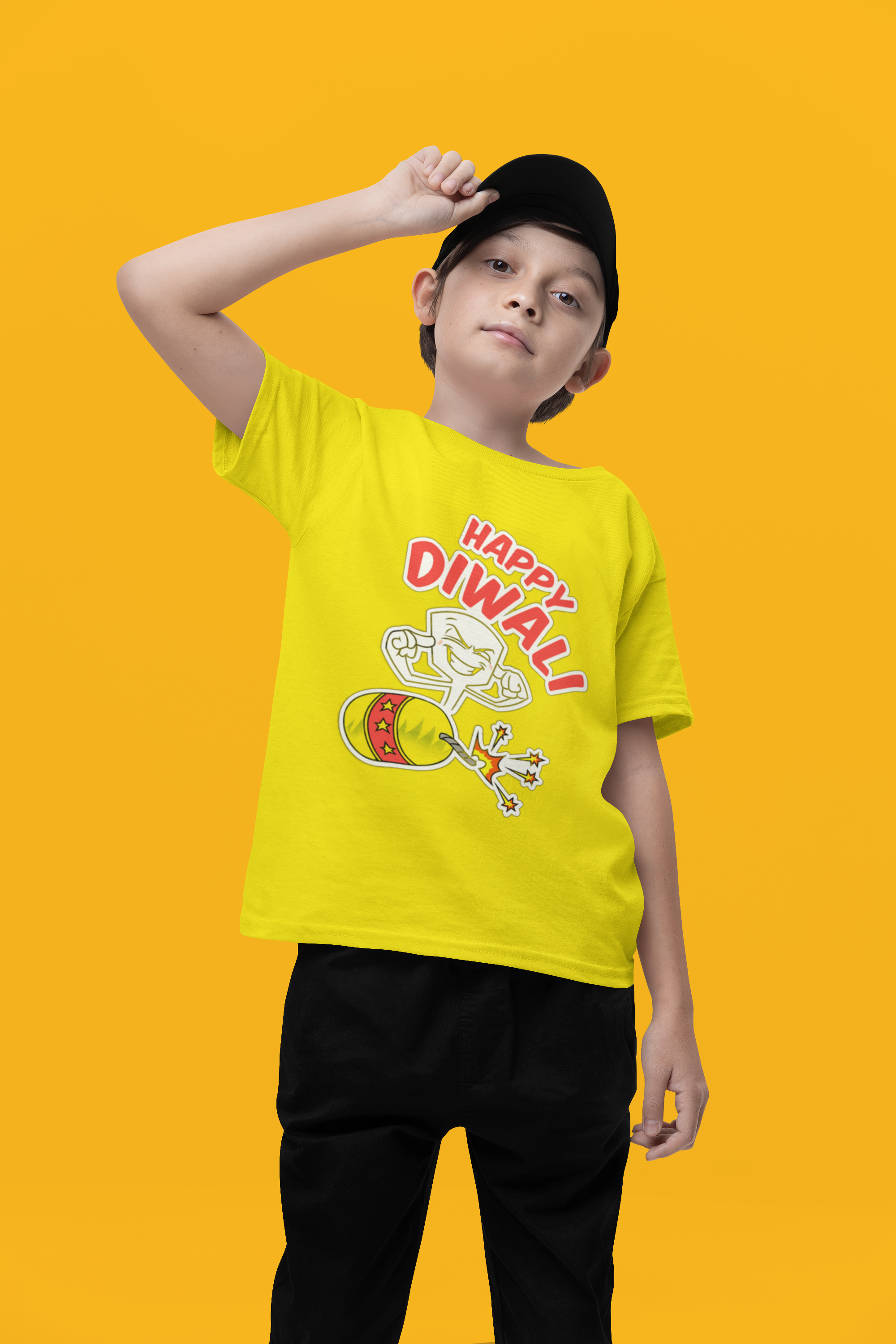 Boy's Lemon Yellow Half Sleeves Crew Neck Diwali T-Shirt