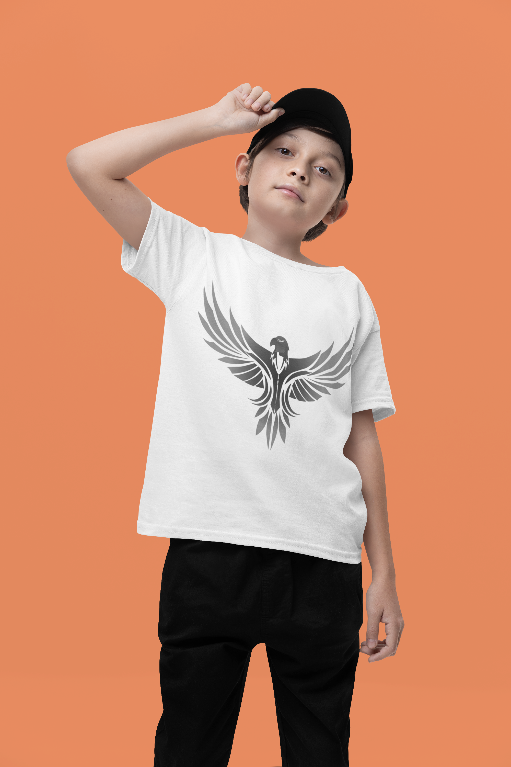 Boy's Off White Half Sleeves Crew Neck Eagle T-Shirt