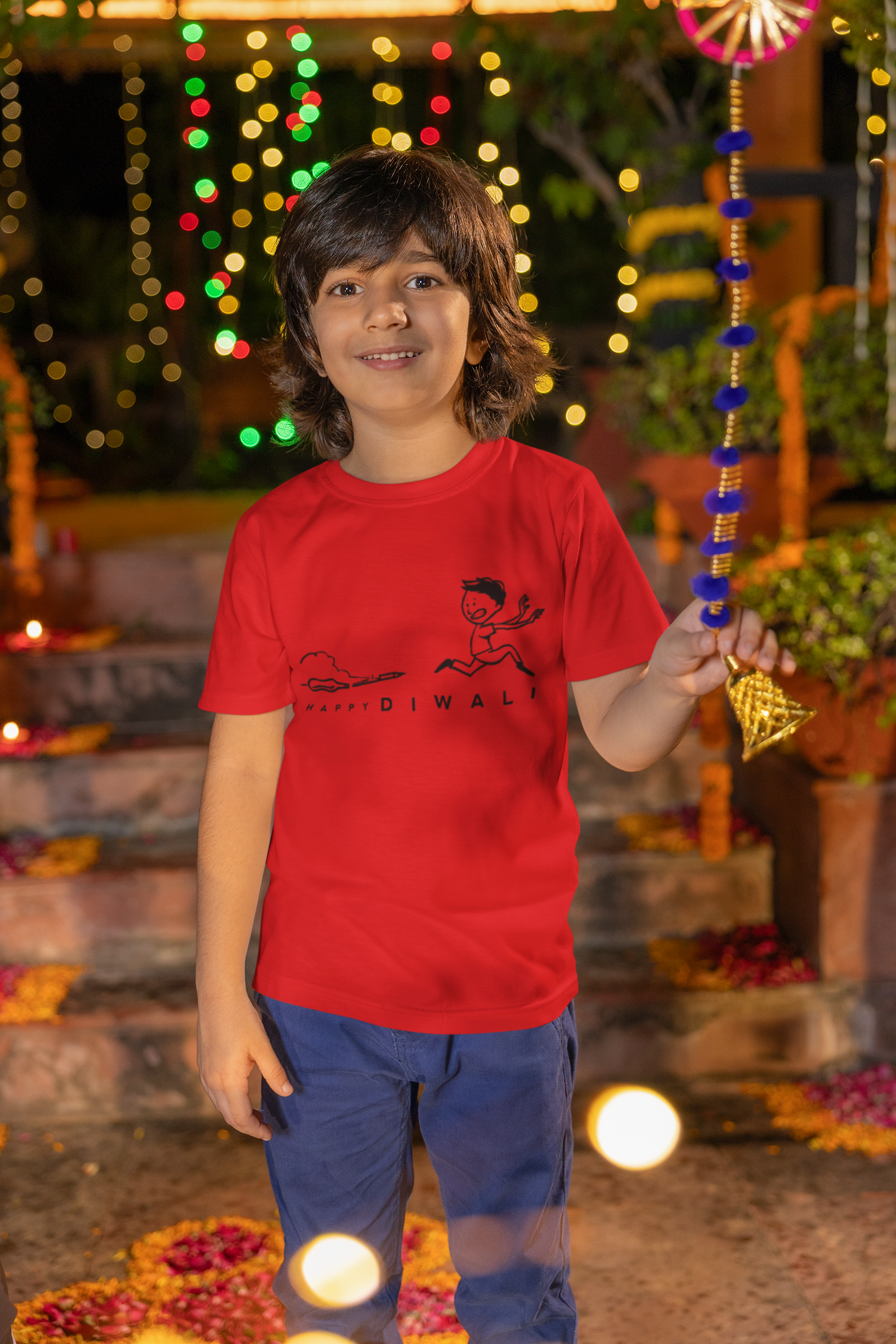 Boy's Dark RED Half Sleeves Crew Neck Diwali T-Shirt