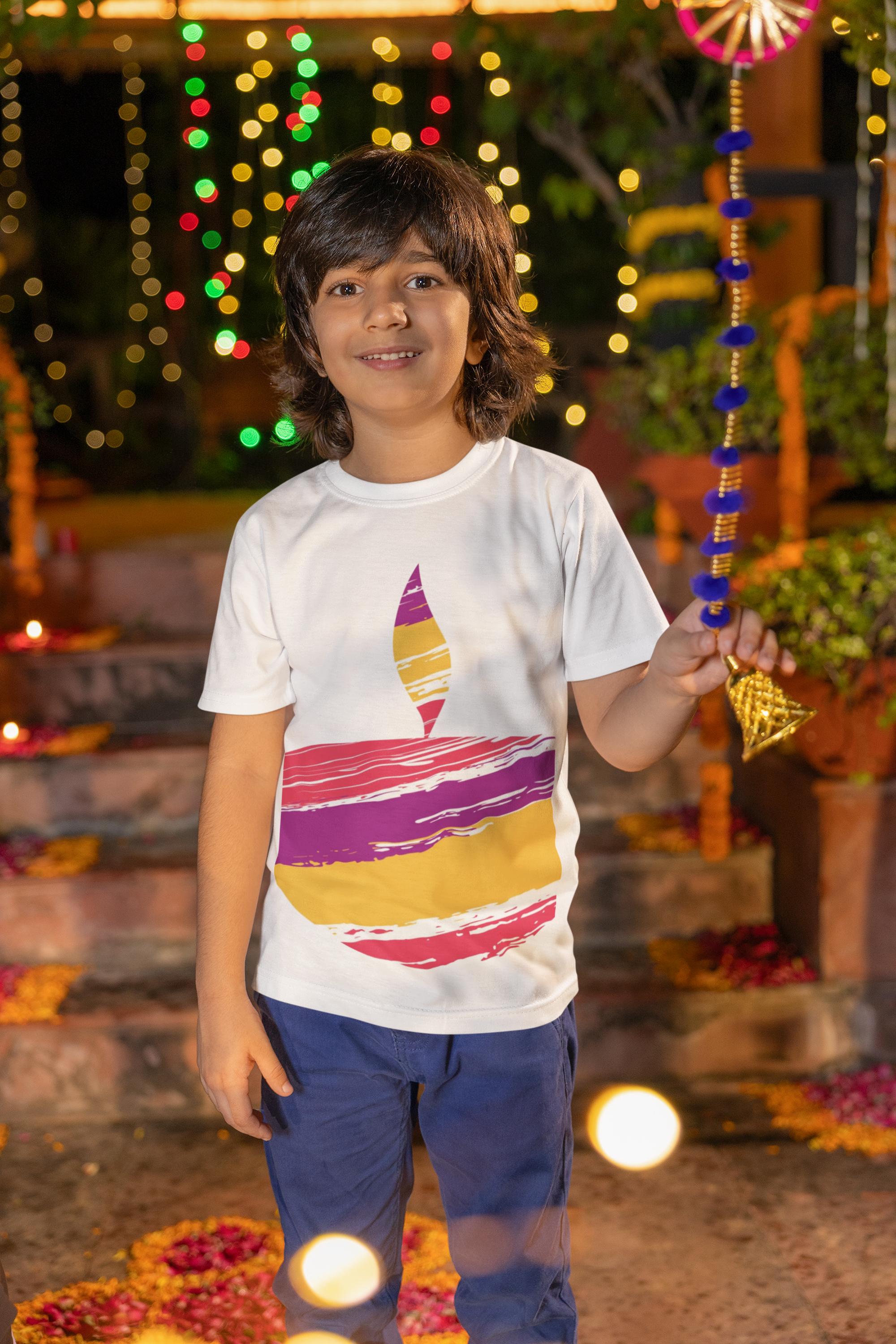 Custom Boy's Off White Half Sleeves Crew Neck Diwali T-Shirt