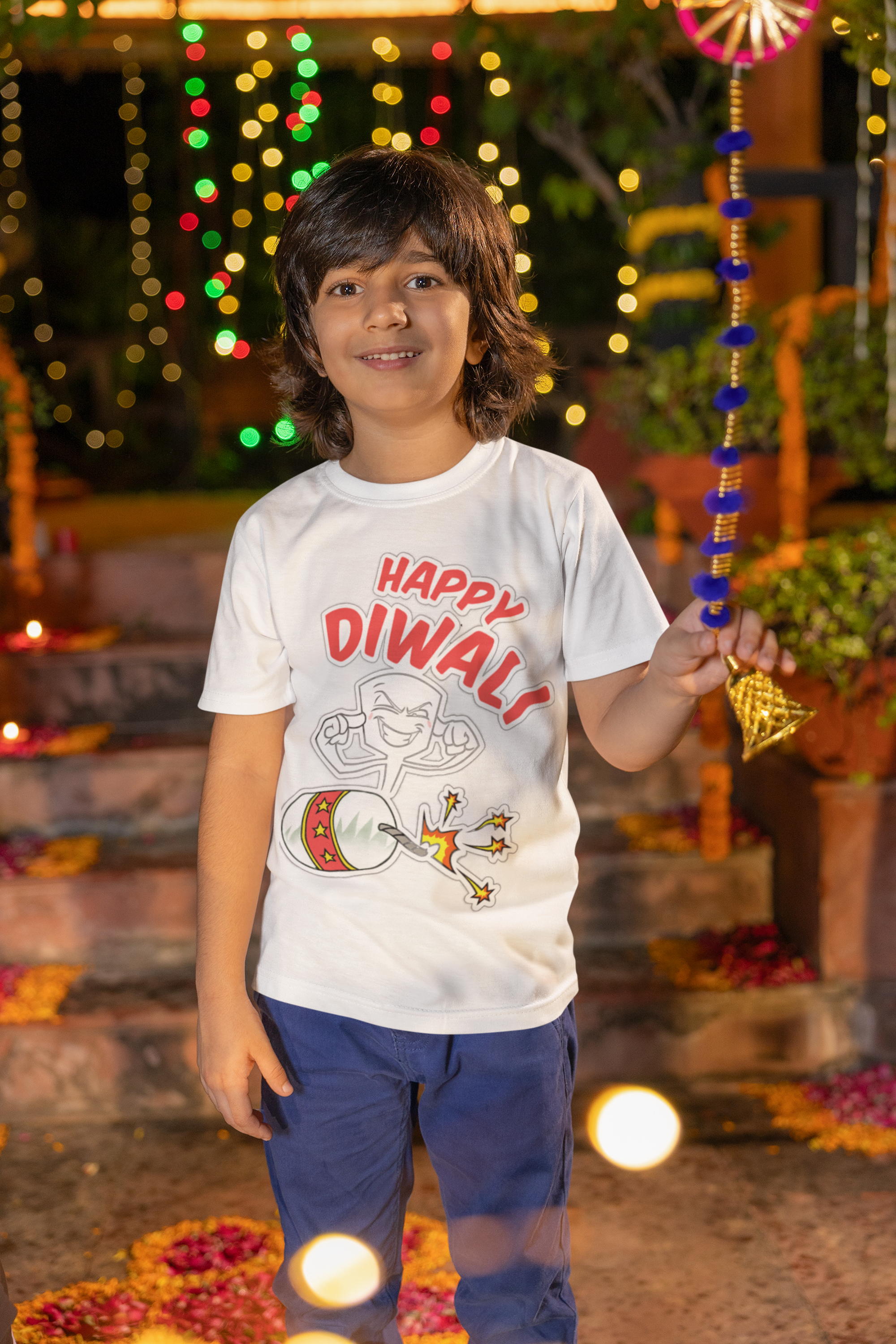 Custom Boy's Off White Half Sleeves Crew Neck Diwali T-Shirt Design