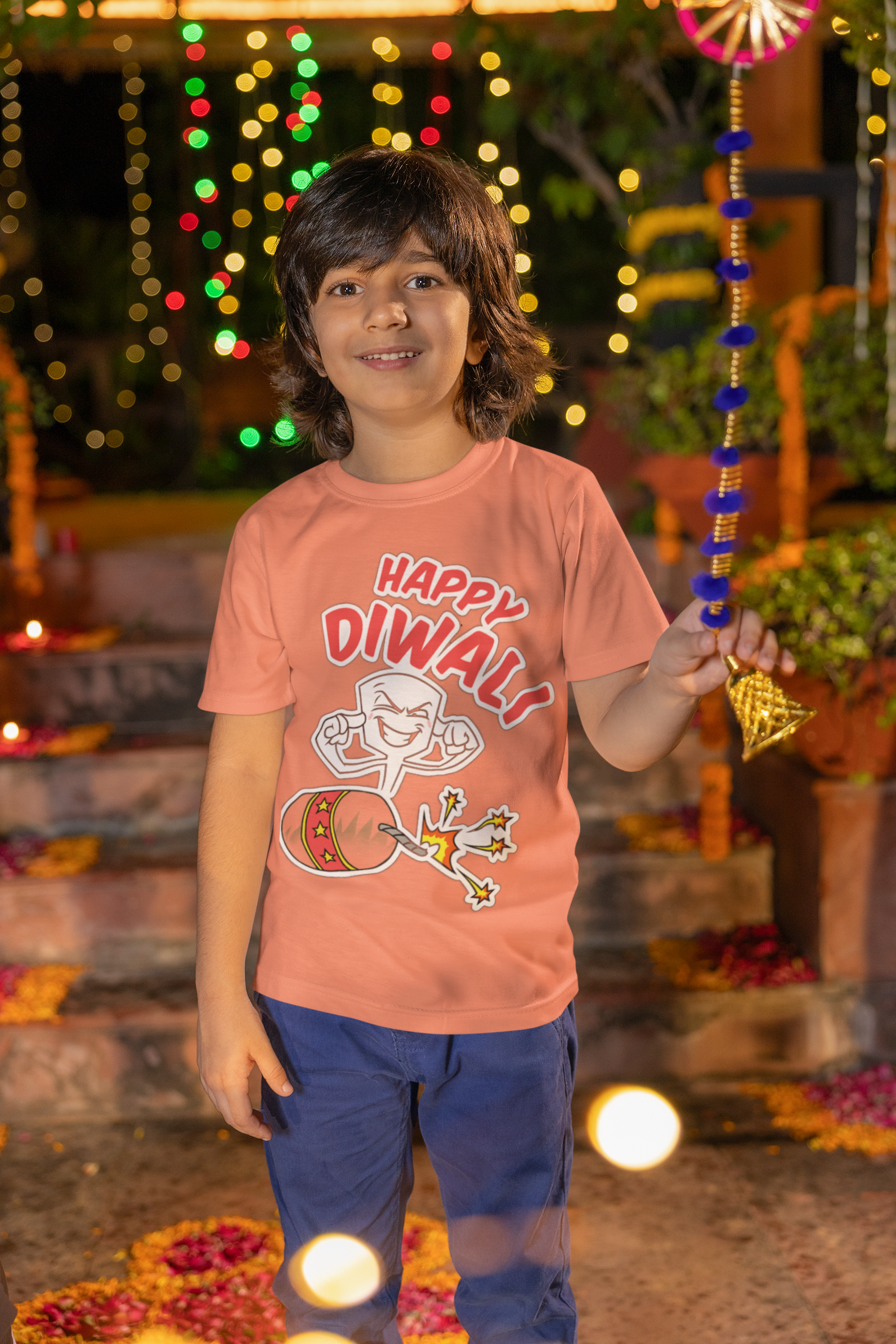 Boy's Blushing PEACH Half Sleeves Crew Neck Diwali T-Shirt