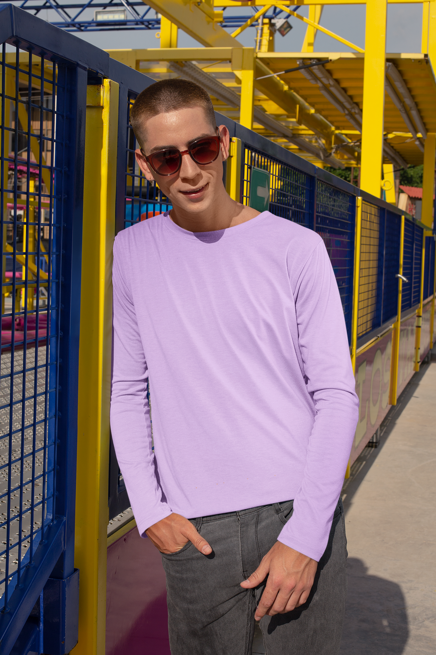 Men's Plain Wisteria Lavender Full Sleeves Crew Neck T-Shirt