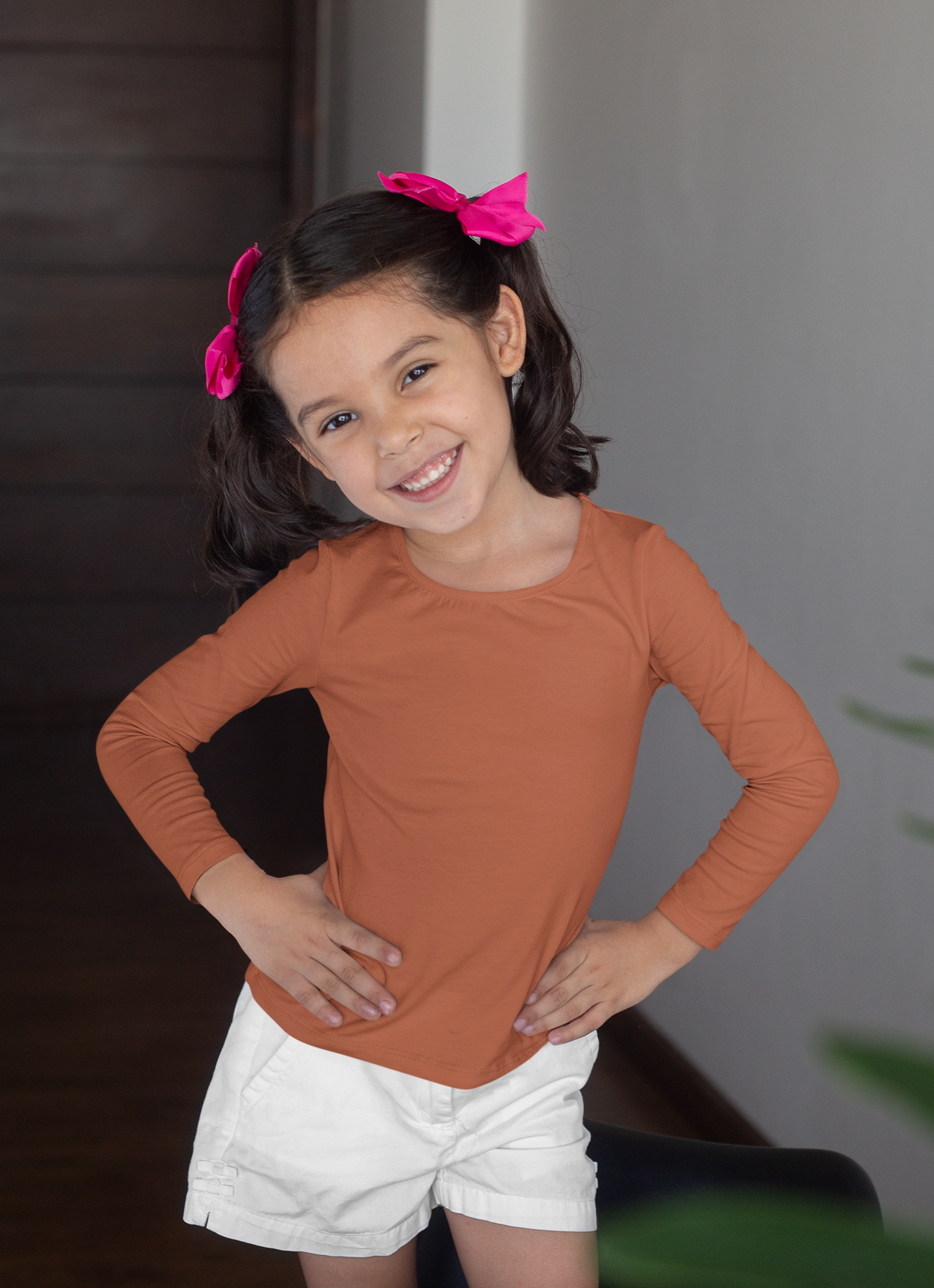 Girl's Plain Copper Rust Full Sleeves Crew Neck T-Shirt