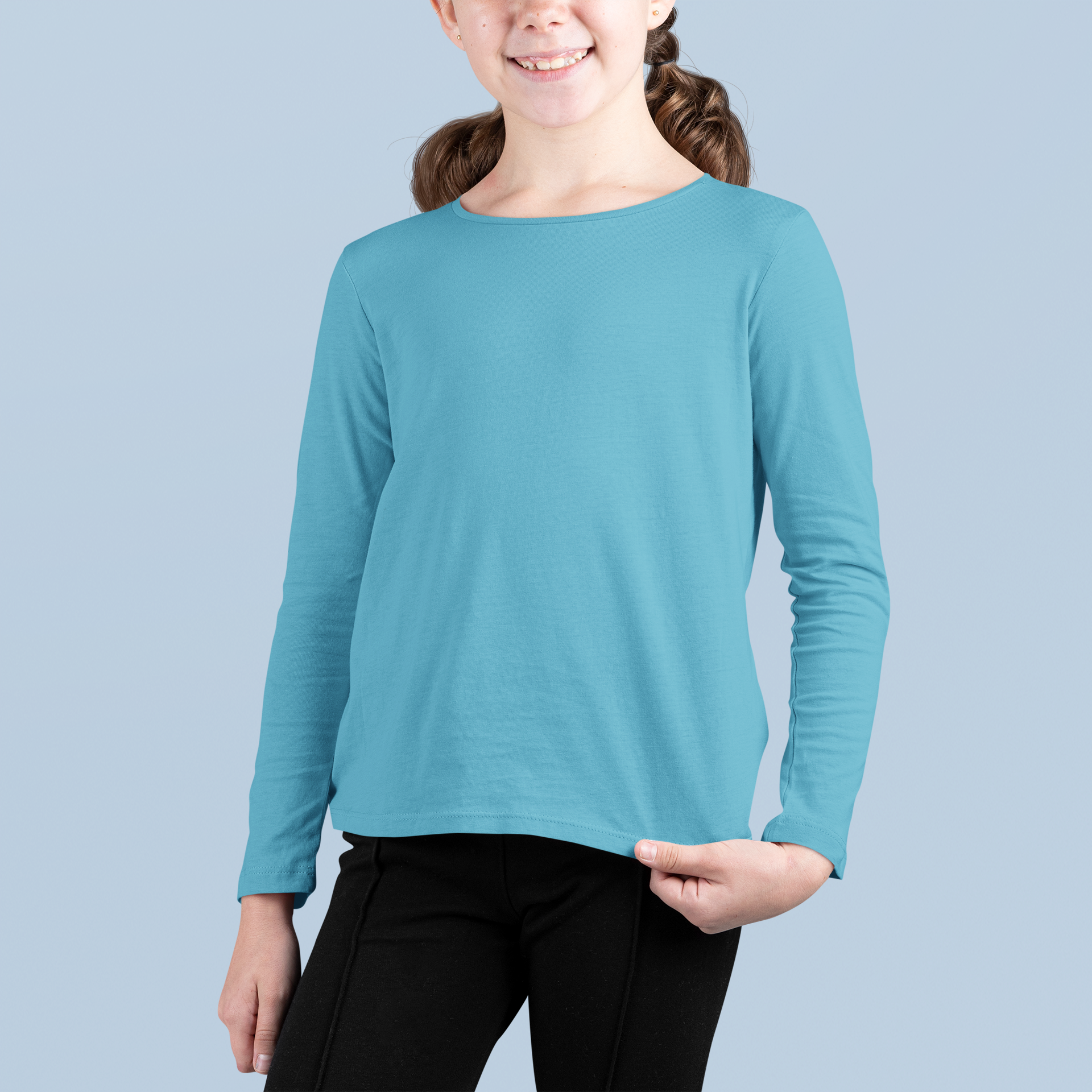 Girl's Plain Fountain Blue Full Sleeves Crew Neck T-Shirt