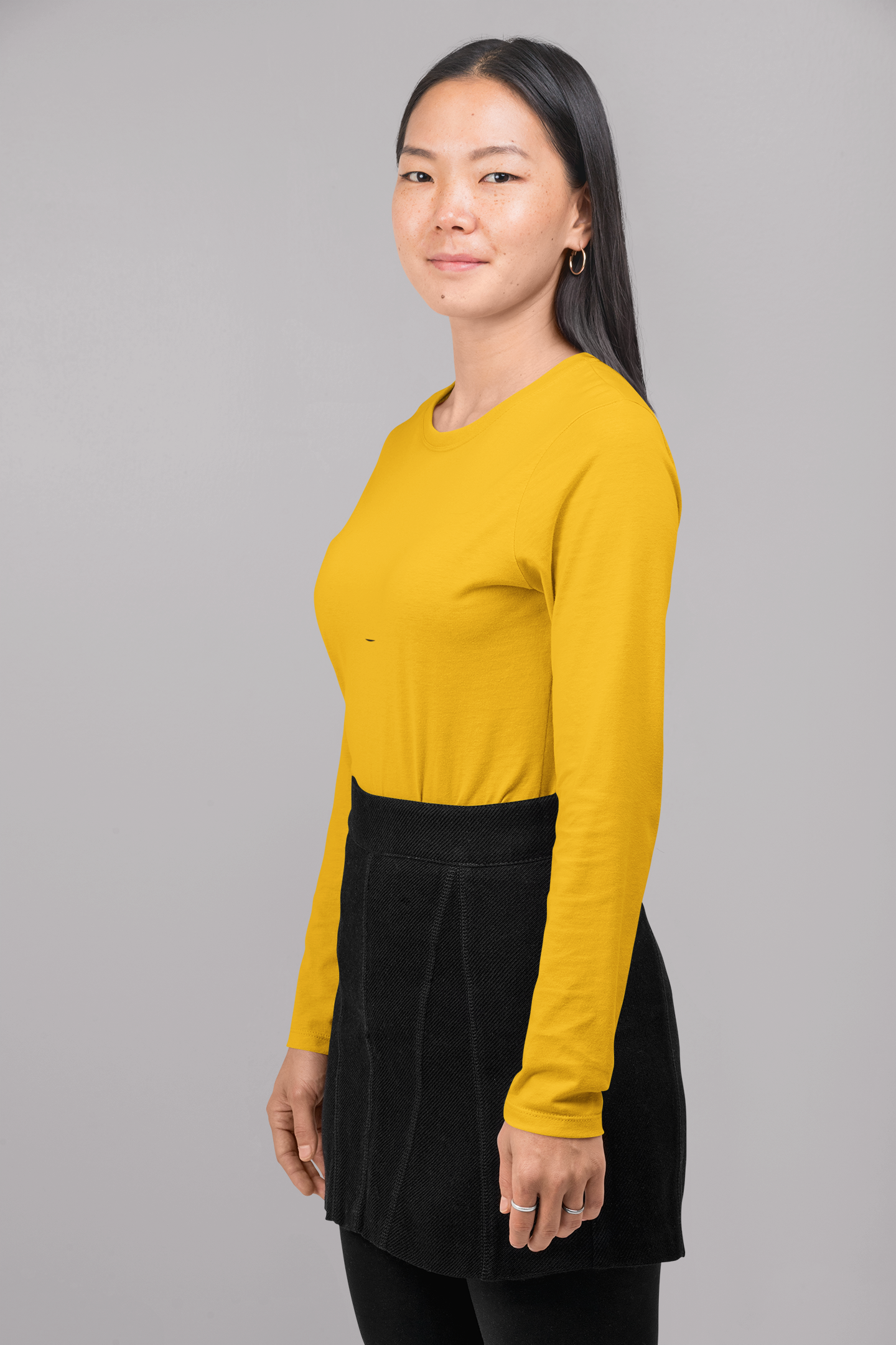 Women's Plain Light Gold Full Sleeves Crew Neck T-Shirt