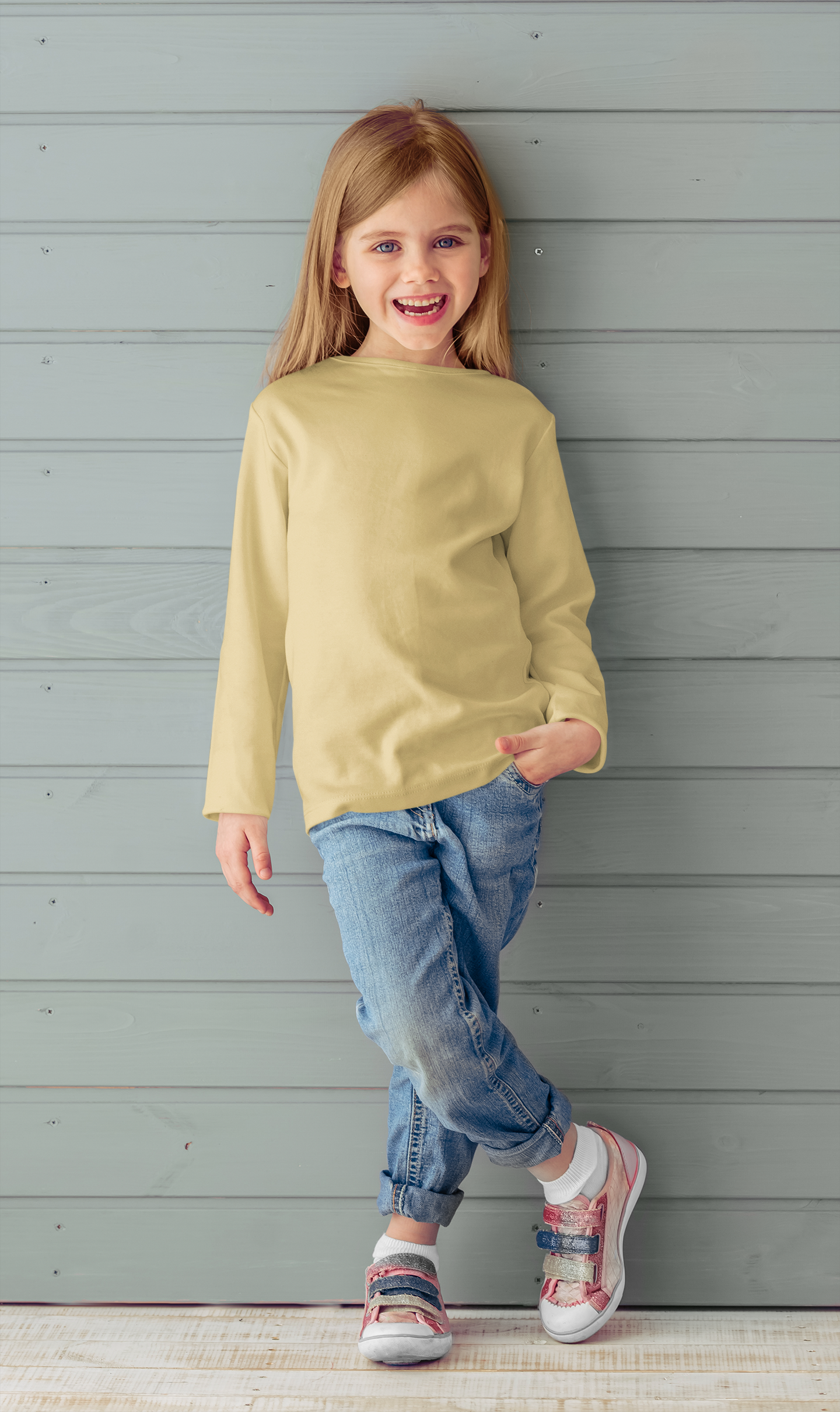 Girl's Plain Light Gold Full Sleeves Crew Neck T-Shirt