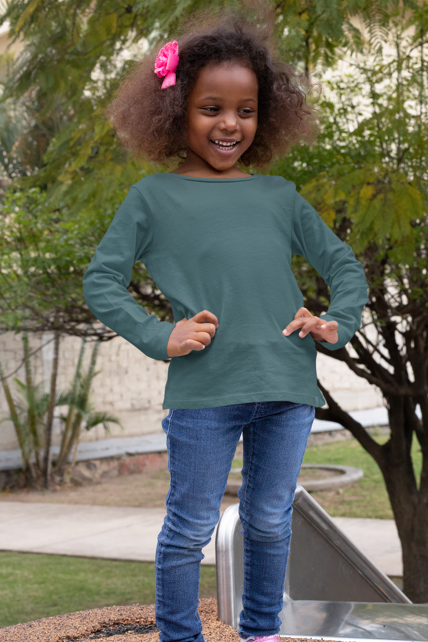 Girl's Plain Blue Dianne Full Sleeves Crew Neck T-Shirt