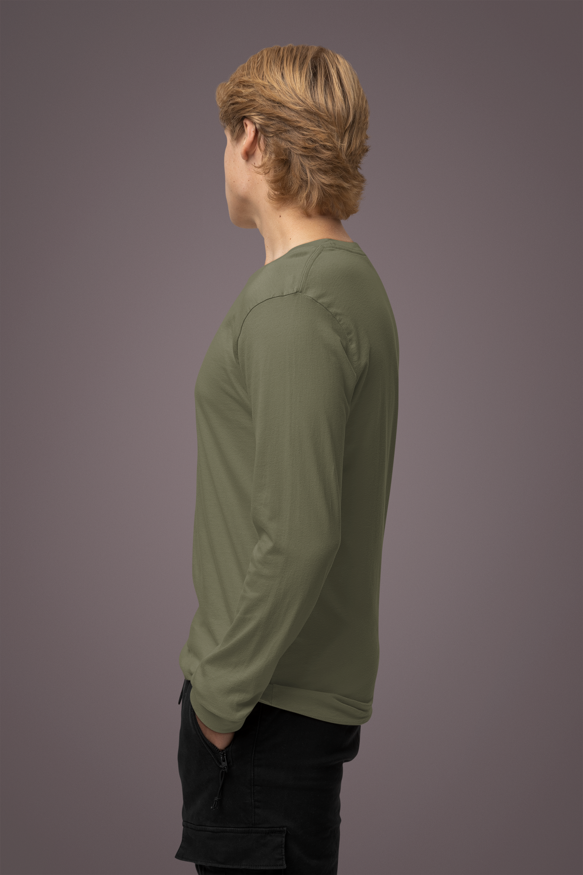 Men's Plain Sage Grey Full Sleeves Crew Neck T-Shirt