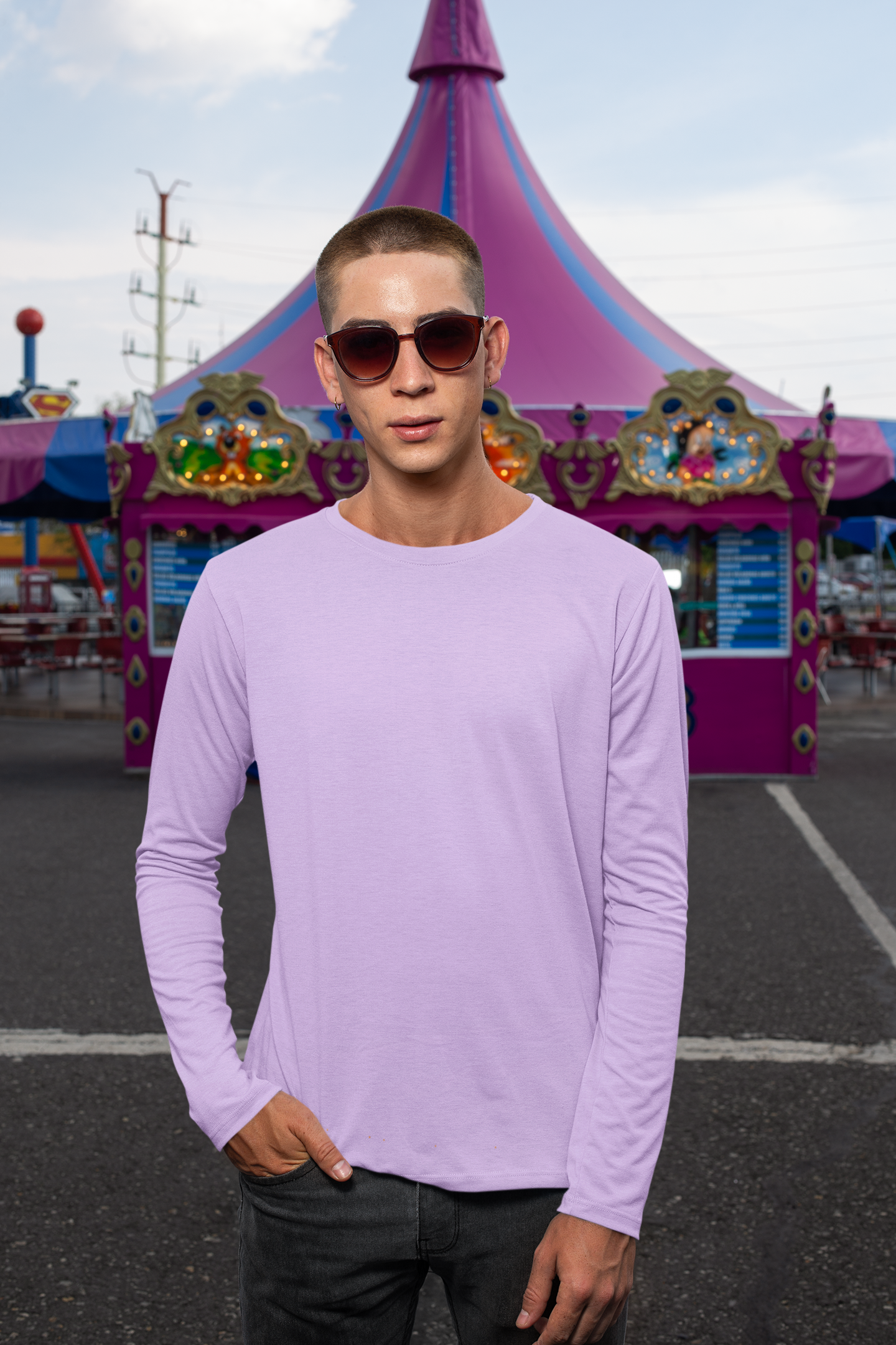 Men's Plain Wisteria Lavender Full Sleeves Crew Neck T-Shirt