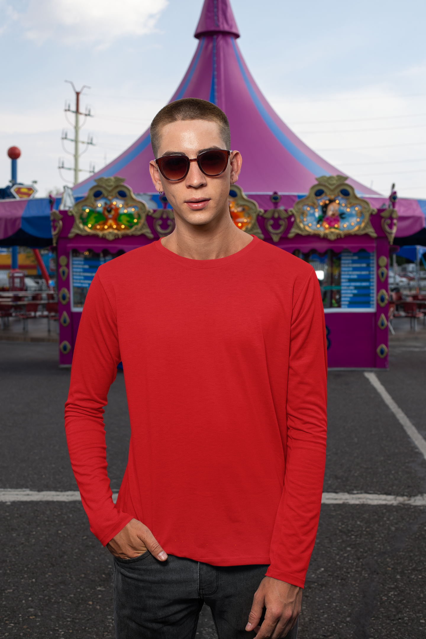 Men's Plain Dark Red Full Sleeves Crew Neck T-Shirt