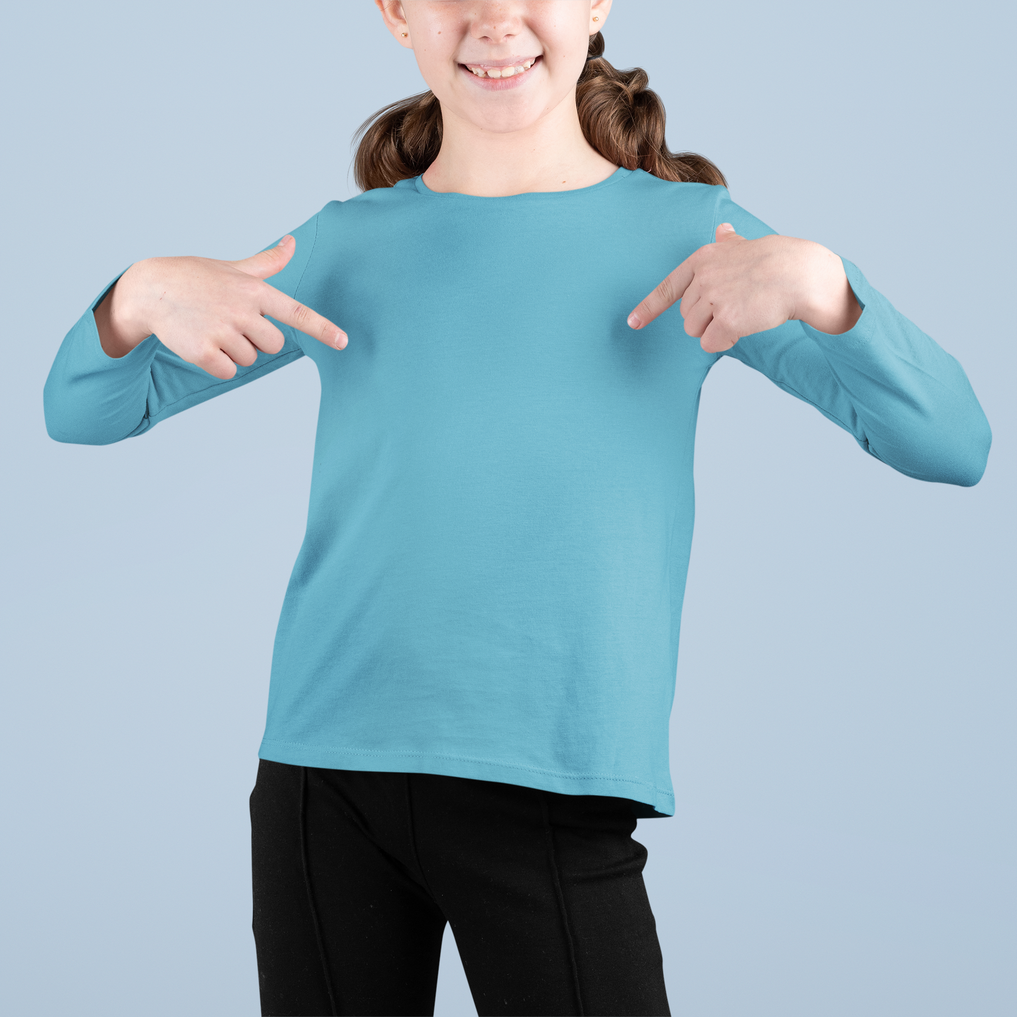 Girl's Plain Fountain Blue Full Sleeves Crew Neck T-Shirt