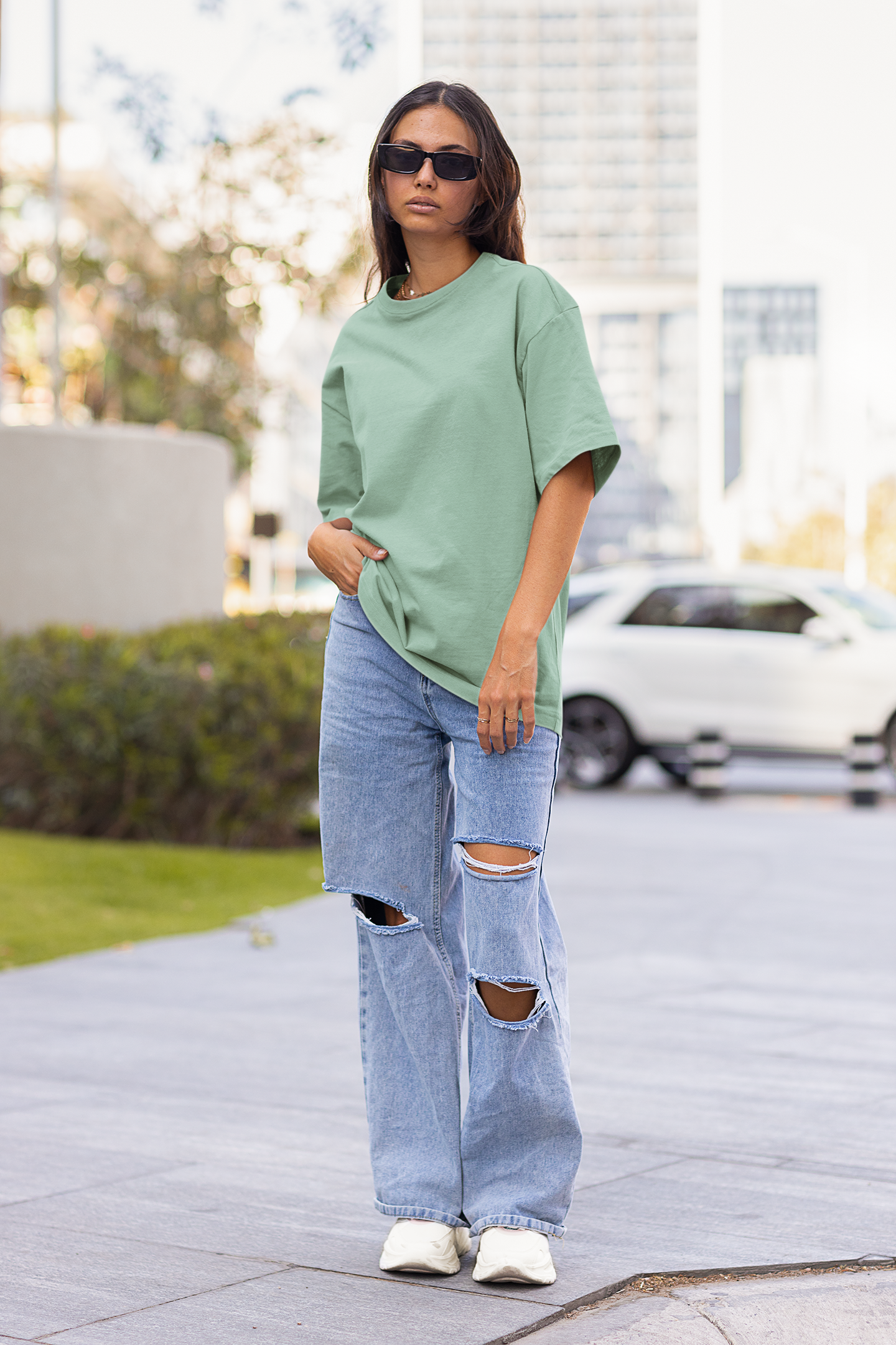 Women's Summer Green Plain Oversize T-Shirt