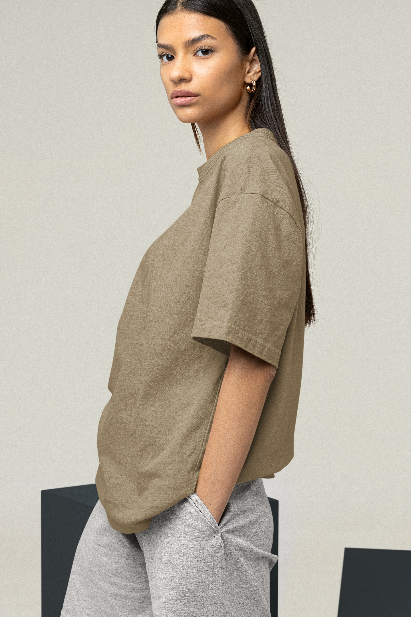 Women's Dark Beige Plain Oversize T-Shirt