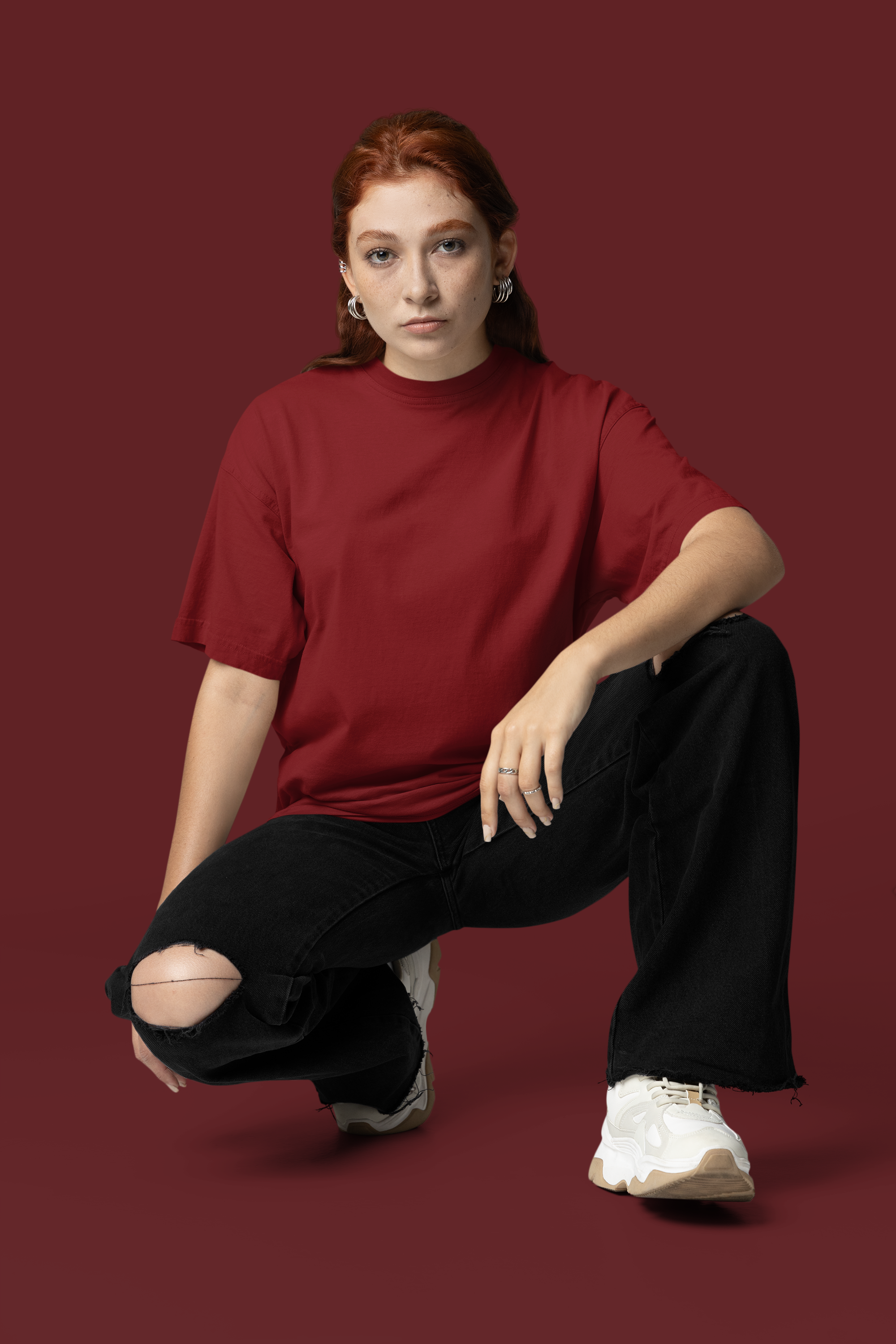 Women's Wine Red Plain Oversize T-Shirt