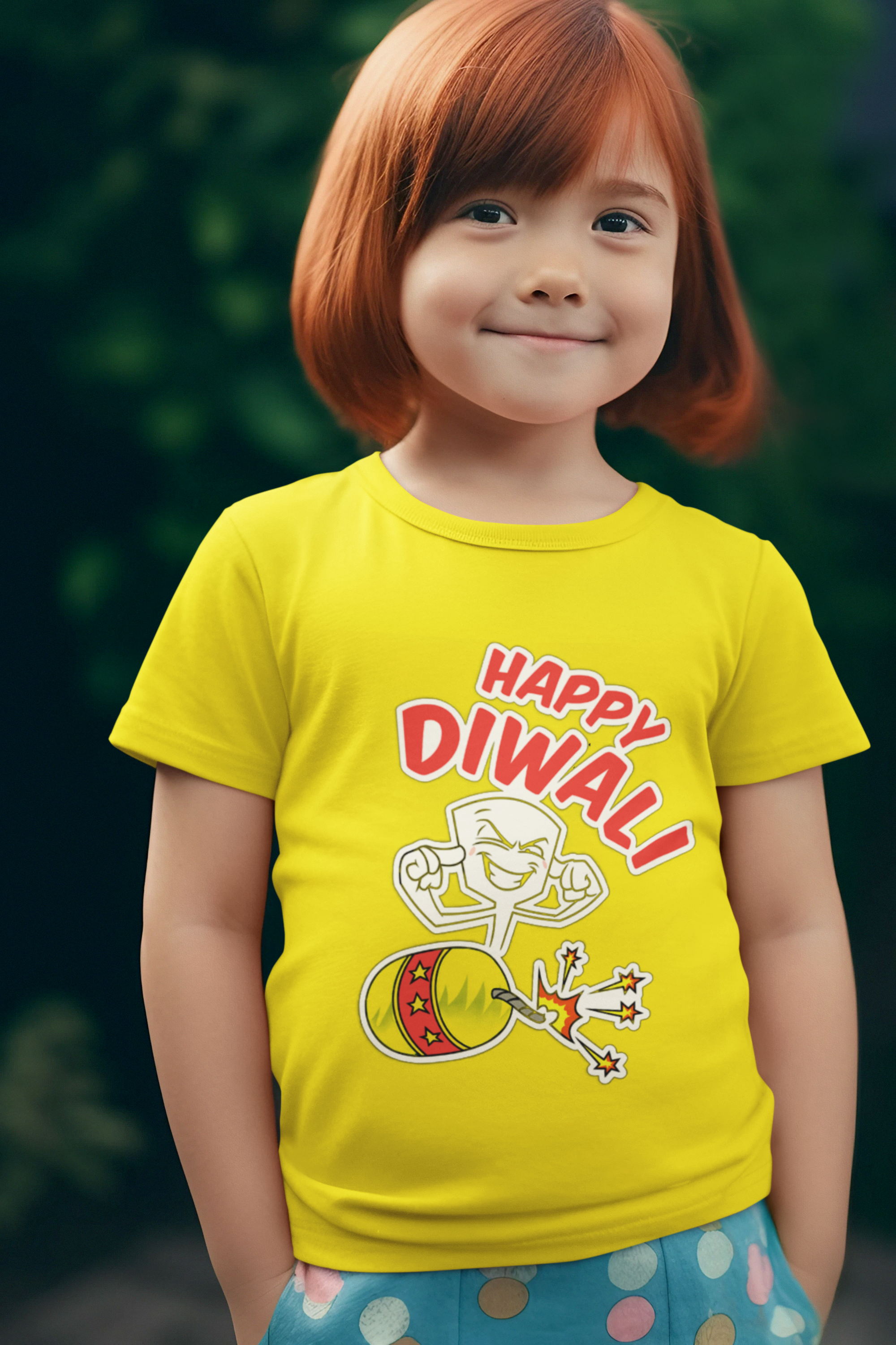 Girl's Lemon Yellow Crew Neck Diwali Custom T-Shirt