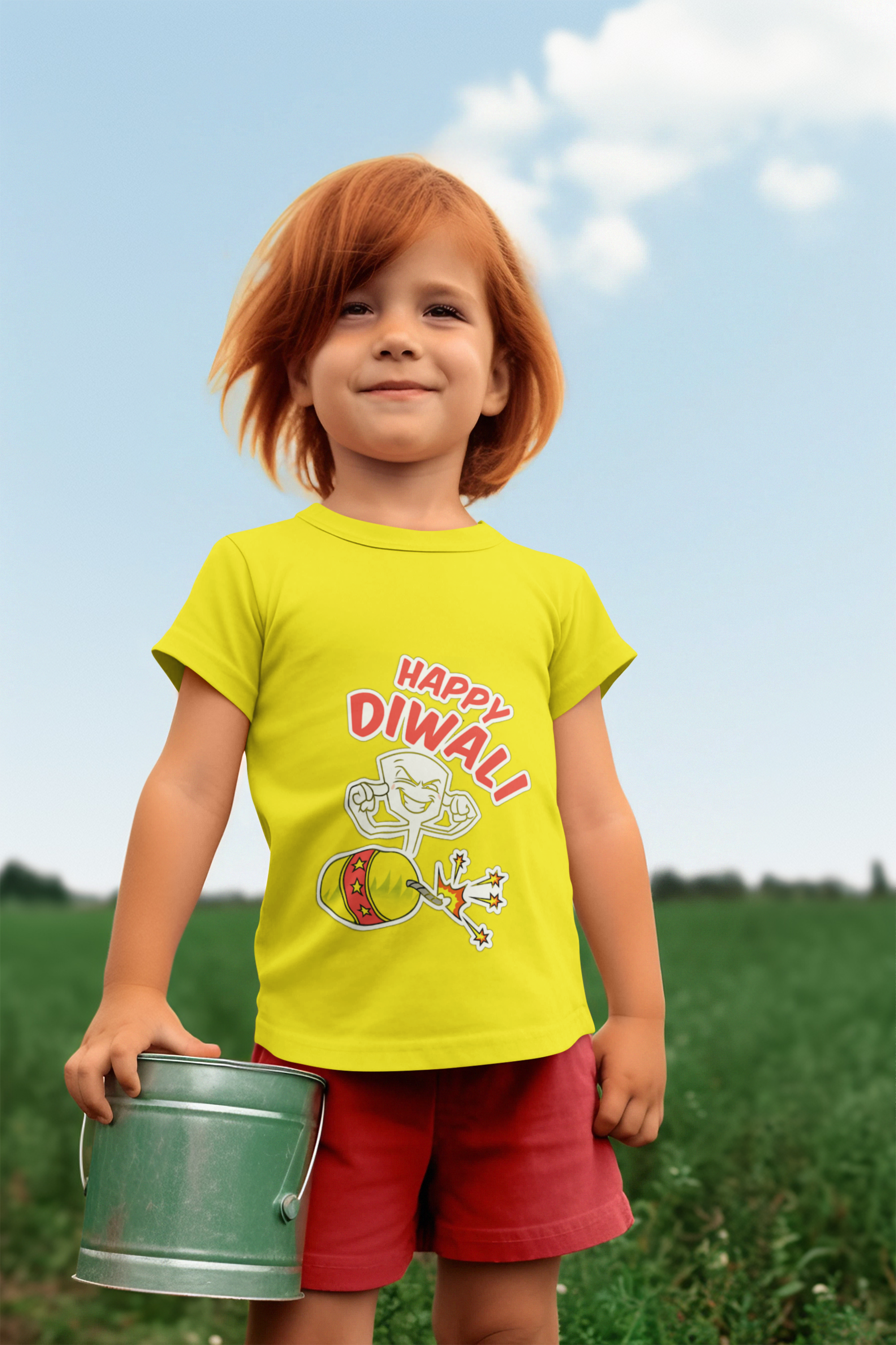 Girl's Lemon Yellow Crew Neck Diwali Custom T-Shirt