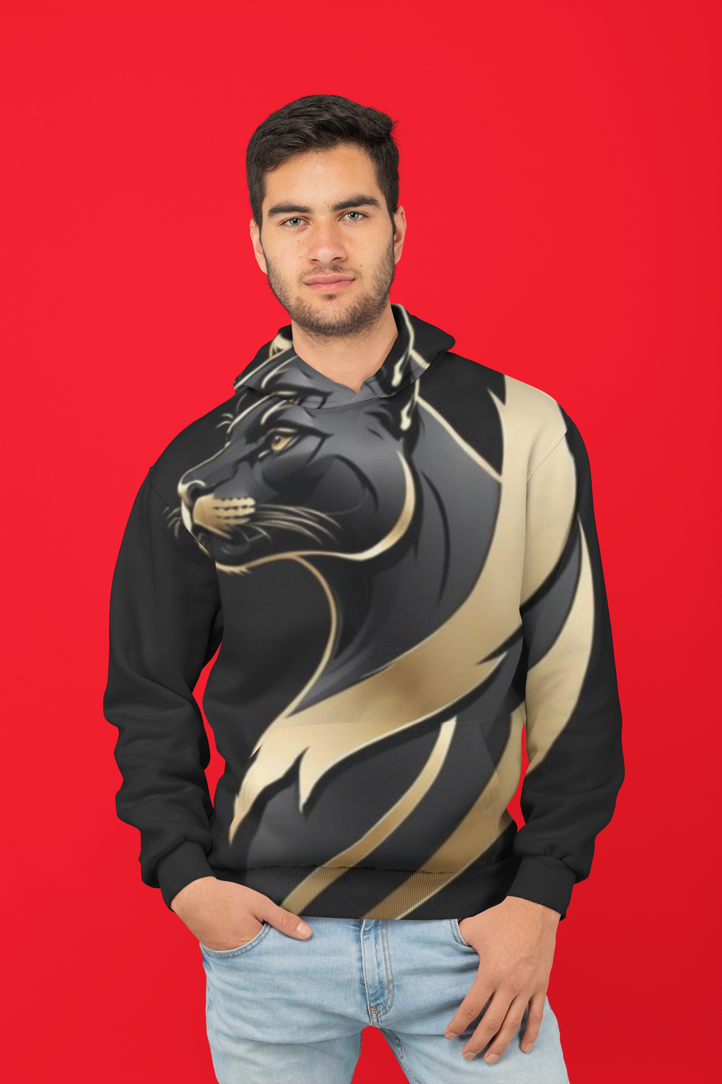 Men's Custom Hoodie POD Jaguar Print Design (Front) Black