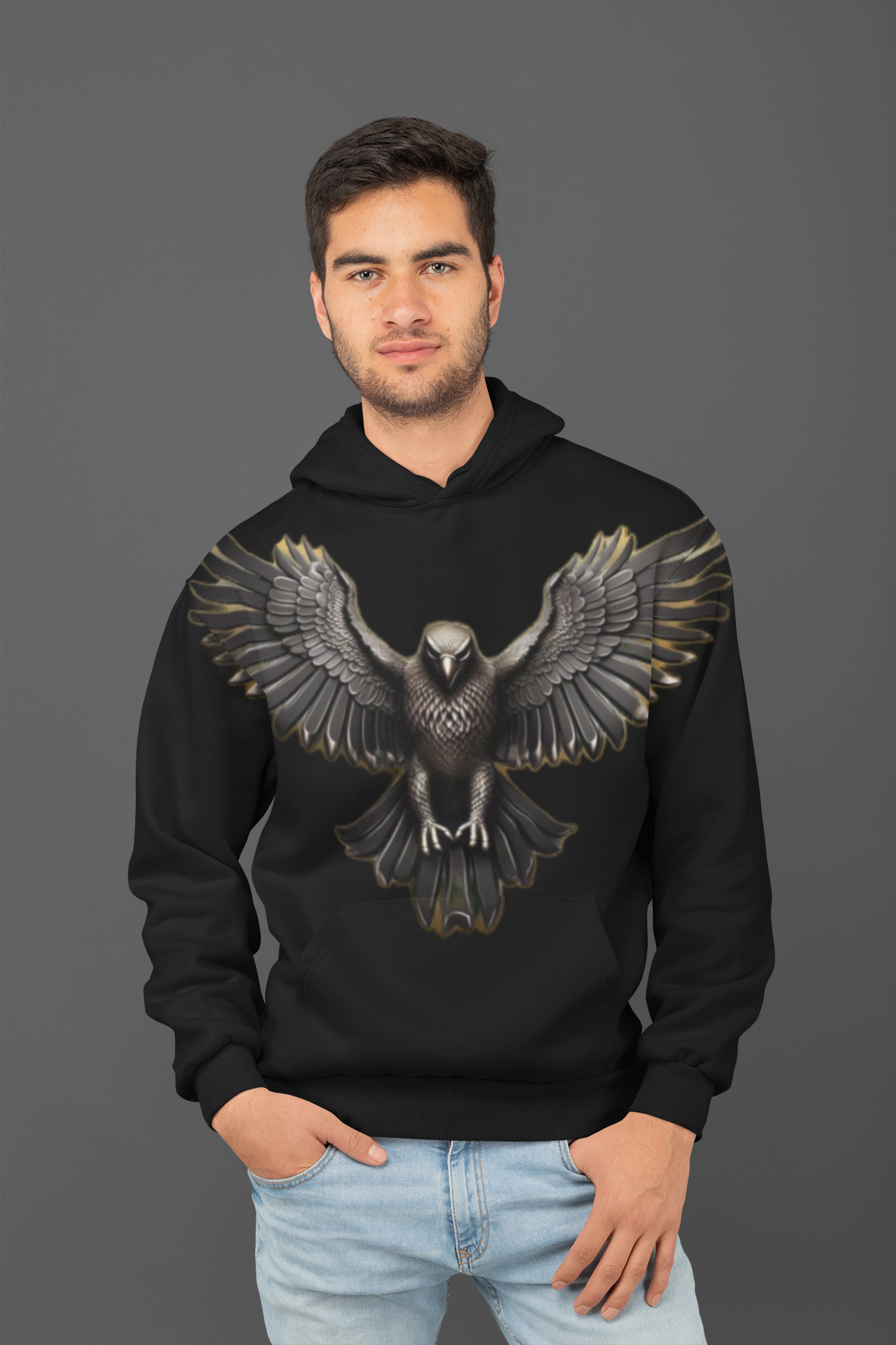 Men's Custom Hoodie POD EAGLE Print Design (Front) Black