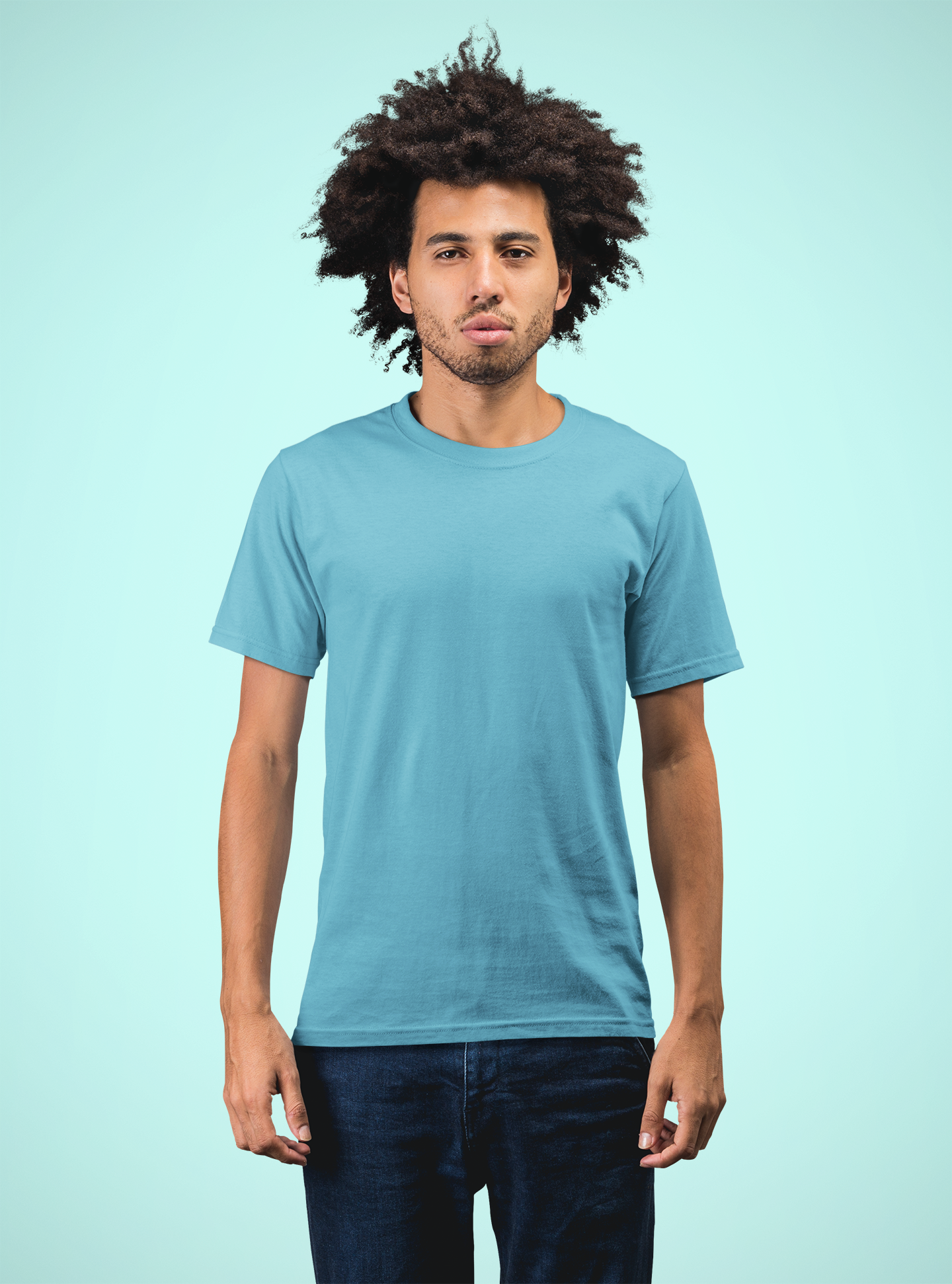 Plain Fountain Blue Crew Neck T-Shirt